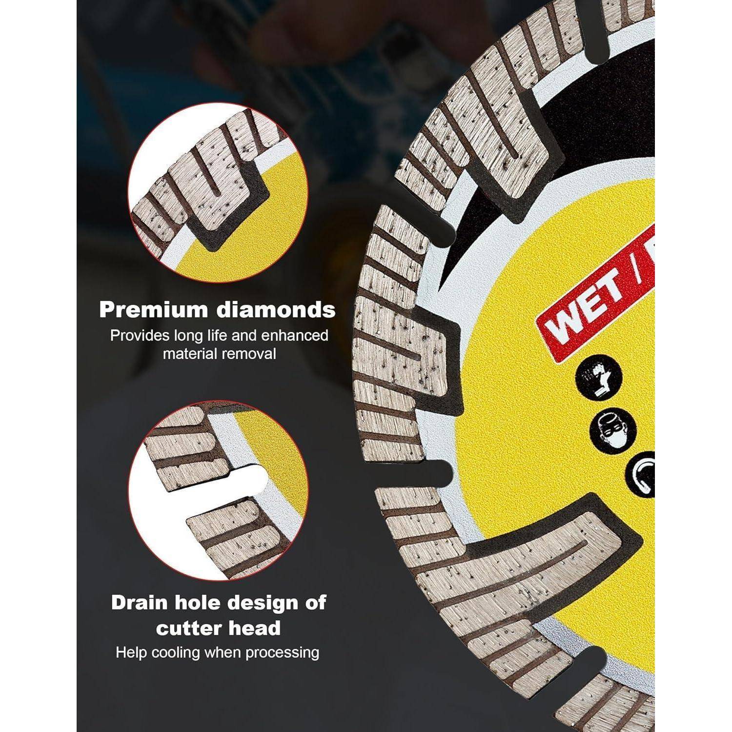 Diamant-Sägeblatt mit 'Premium-Diamanten' für Materialentfernung und 'Kühldesign mit Ablaufbohrungen am Sägeblatt' auf gelbem Hintergrund.