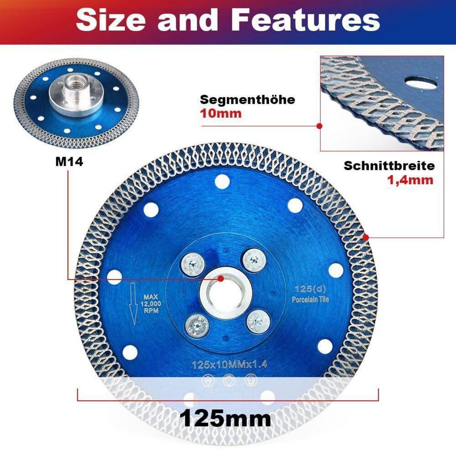 Trennscheibe Diamant Turbo Schneiden Granit Marmor Beton 125mm x M14