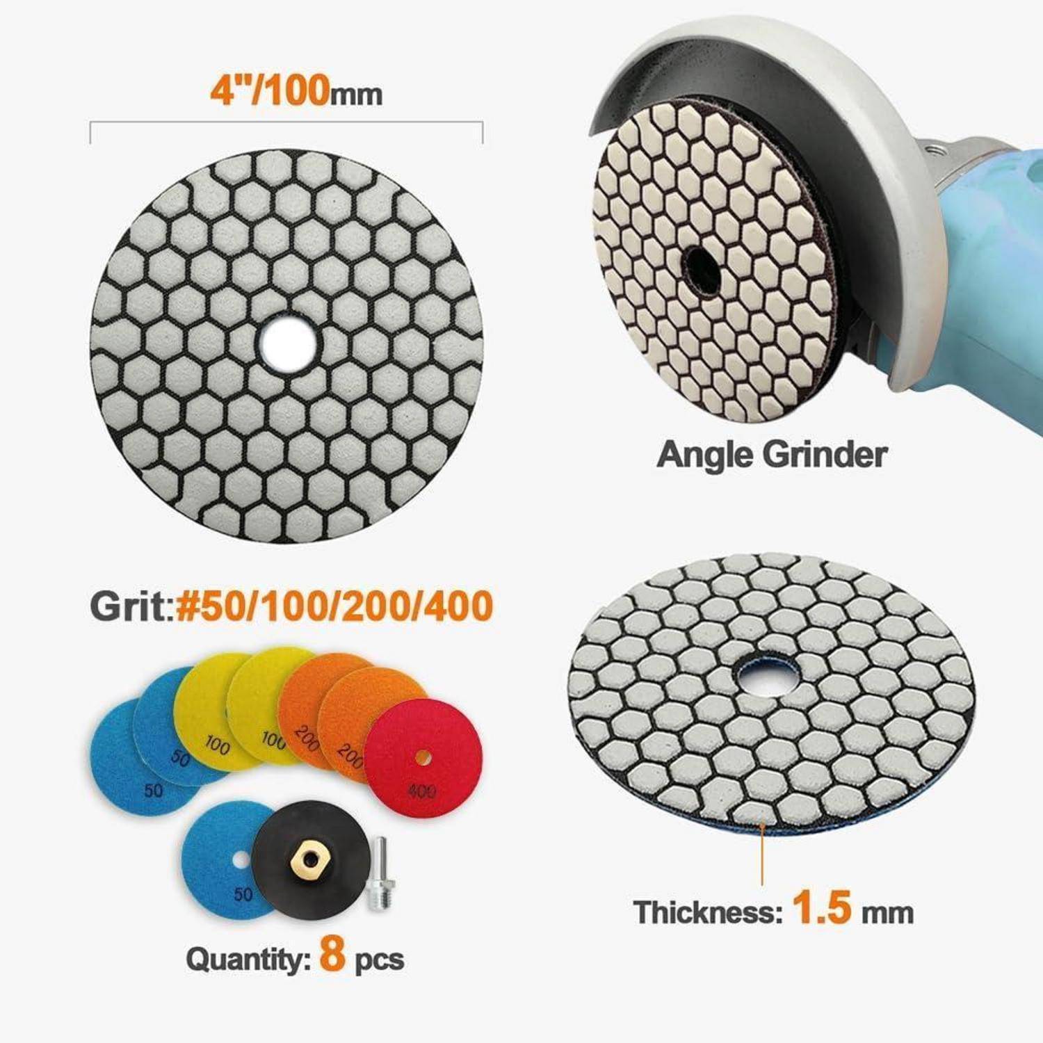Polierscheibe Diamant 100mm Granit Grit #50x3 100x2 200x2 400+RUB M14