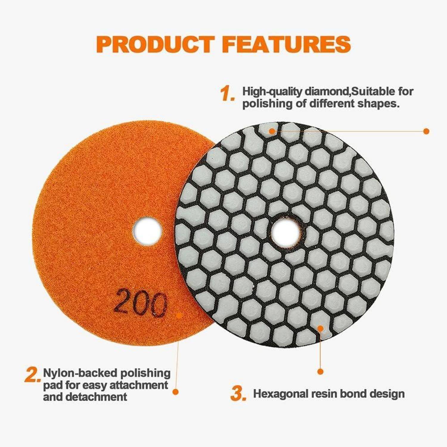 Zu den Produktmerkmalen gehören ein hochwertiger Diamant, ein sechseckiger Harzbinder und ein nylongestütztes Pad zum Polieren verschiedener Formen.