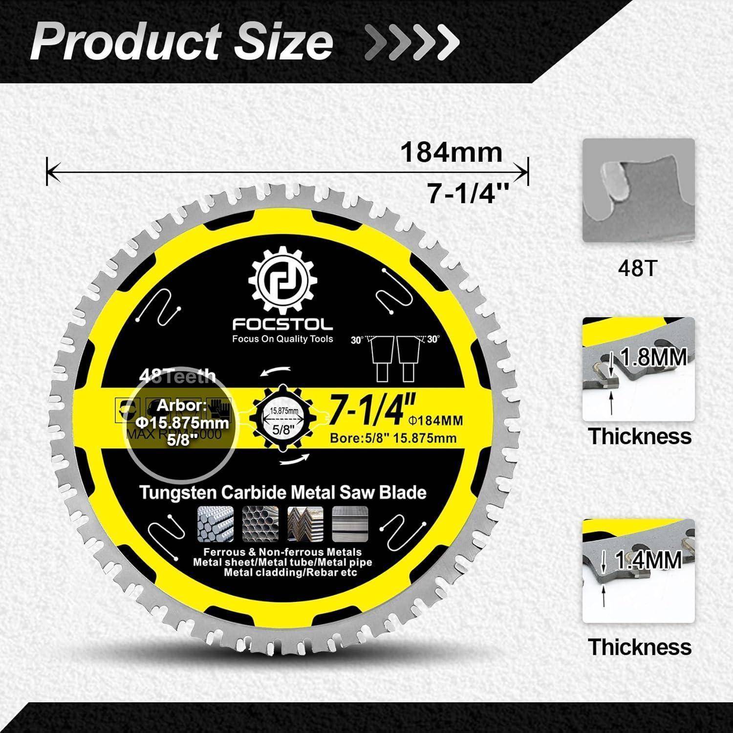 Wolframcarbid-Metallsägeblatt, 7-1/4 Zoll, 48 Zähne, 5/8 Zoll Aufnahme. Enthält Dickendarstellung: 1,8 mm mit 48Z, 1,4 mm mit 24Z.
