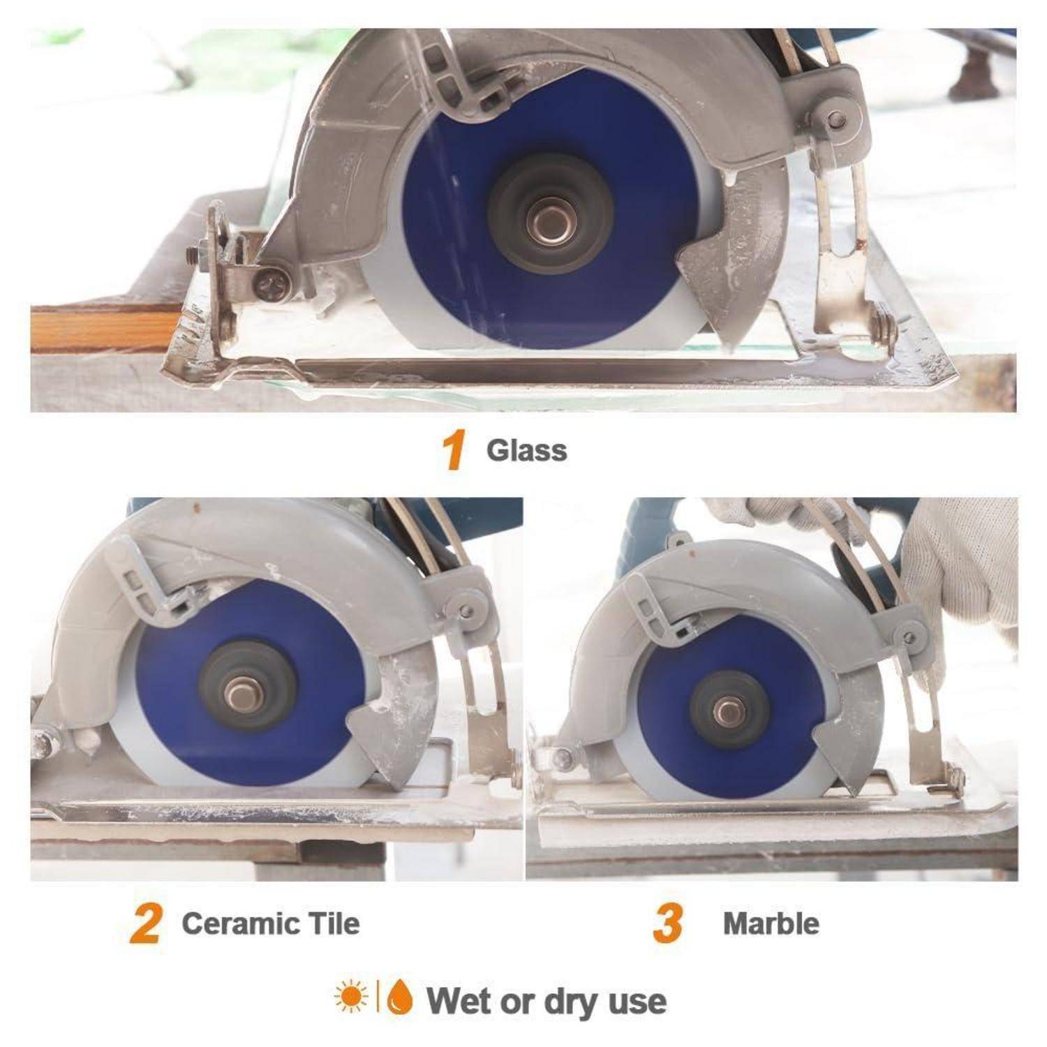 Sägeblätter zum Schneiden verschiedener Materialien: Glas, Keramikfliesen und Marmor. Klingen werden in drei separaten Bildern dargestellt, hervorgehoben für ihre jeweilige Verwendung.