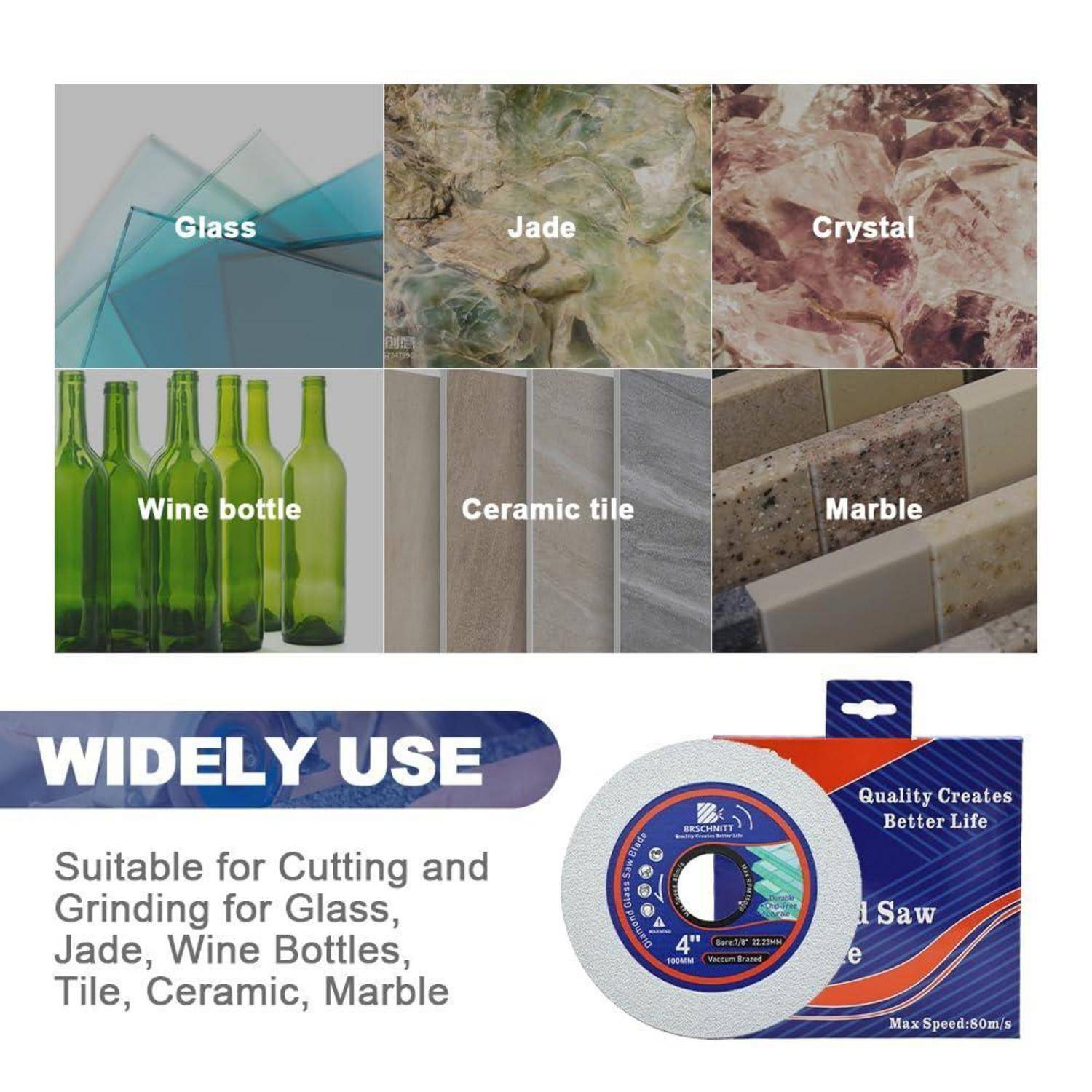 Das Bild zeigt verschiedene Materialien wie Glas, Jade, Kristall, Weinflaschen, Keramikfliesen und Marmor, mit dem Text 'VIELSEITIG EINSETZBAR' für eine Kreissägeblatt.