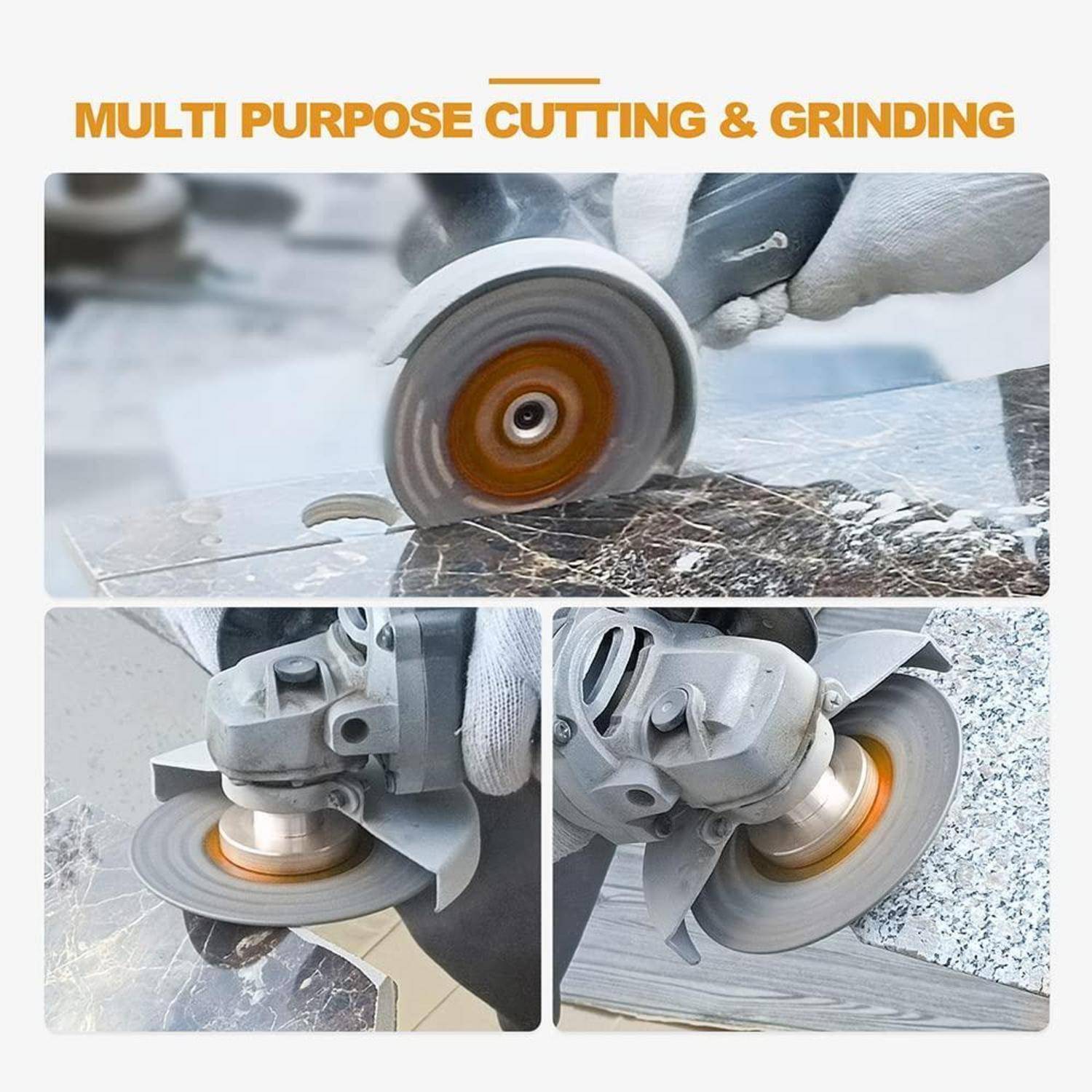 Ein Bild mit der Aufschrift ‚Multi Purpose Cutting & Grinding' zeigt einen Arbeiter, der in drei kleinen Fotos ein Schleifwerkzeug auf Steinoberflächen verwendet und dabei seine Vielseitigkeit hervorhebt.