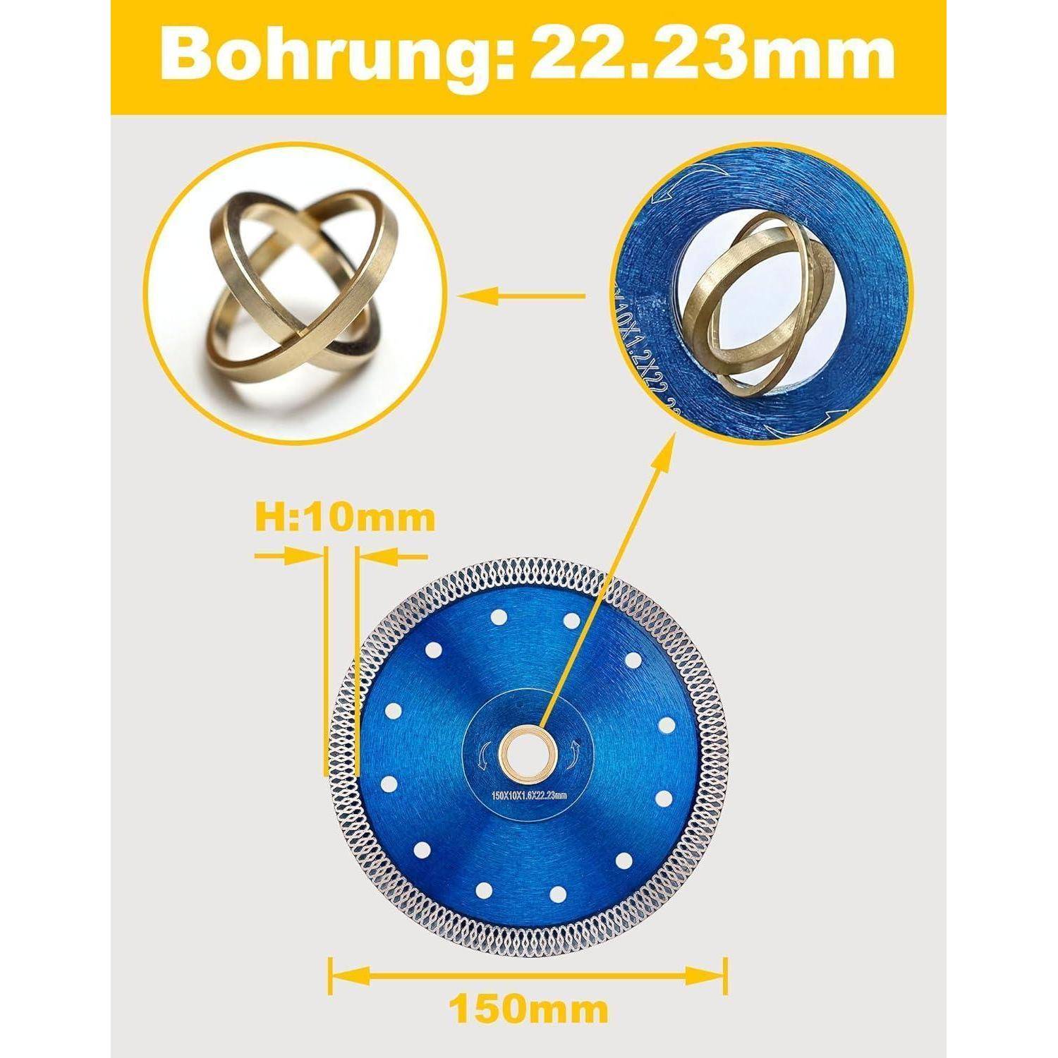 Bohrung: 22,23 mm, 150 mm Kreissägeblatt in Blau mit Diamantschneidkante und zentraler Öffnung, 10 mm Höhendetail, Goldring-Illustration.