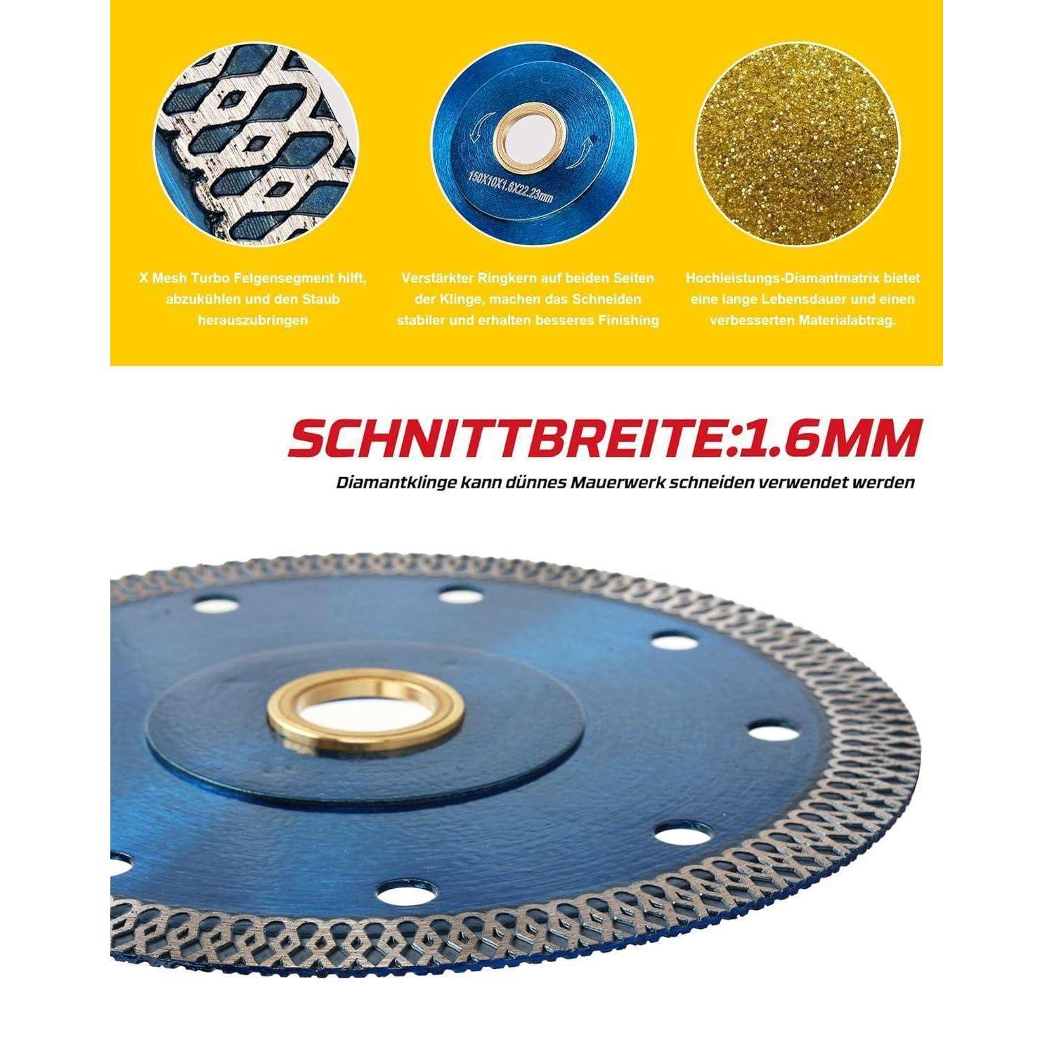Eine Nahaufnahme einer blauen Diamant-Trennscheibe mit Text, der die 'SCHNITTBREITE: 1,6 MM' hervorhebt und ihre Präzision und glatte Oberfläche beschreibt.