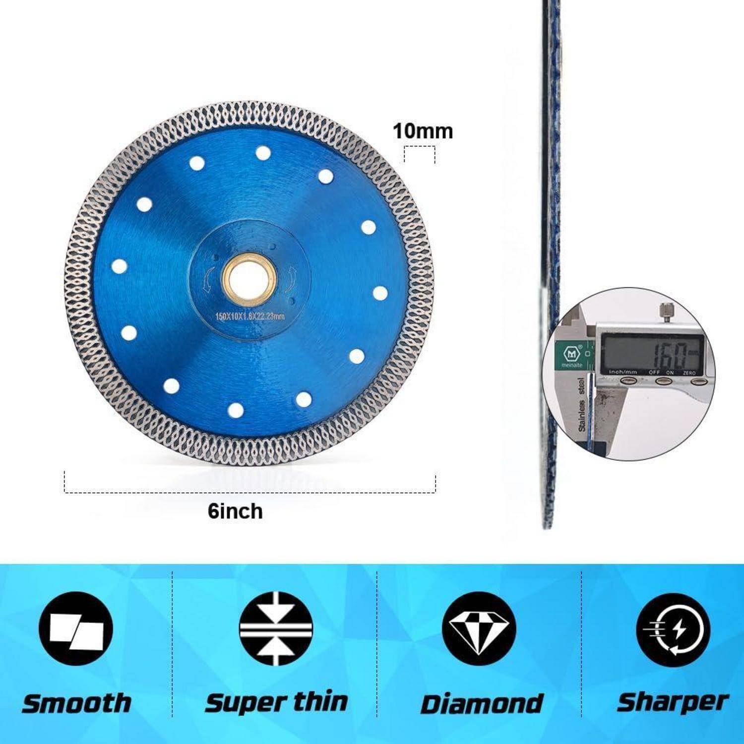 Eine Kreisschneideklinge mit einem Durchmesser von 15 cm, 10 mm dick, mit blauer Oberfläche und gezackter Kante. Symbole darunter heben Merkmale hervor: glatt, extrem dünn, Diamant, schärfer.