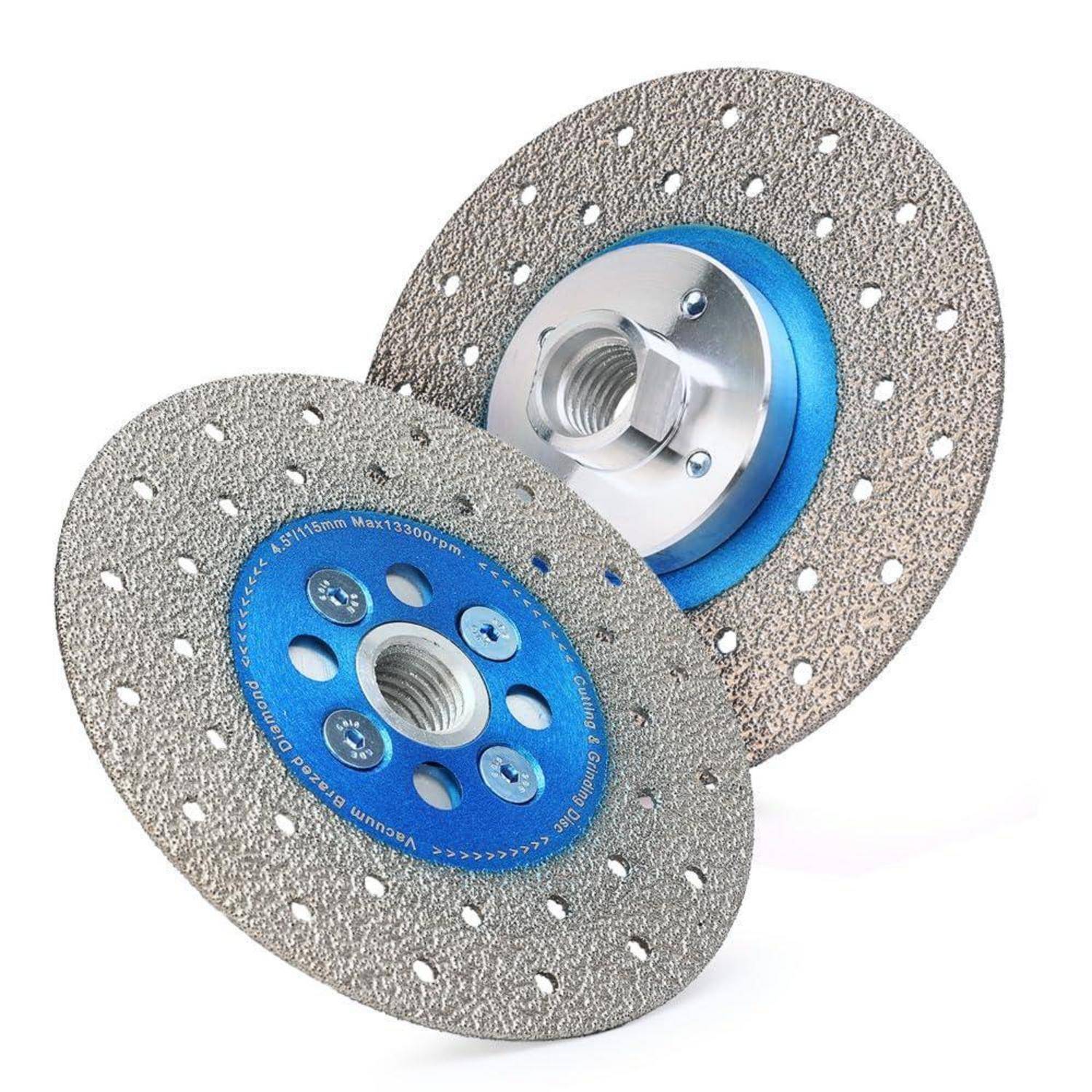 Zwei silberne und blaue kreisförmige Schleifscheiben mit strukturierten Oberflächen und zentralen Löchern, die zum Schneiden und Formen von Materialien entwickelt wurden.