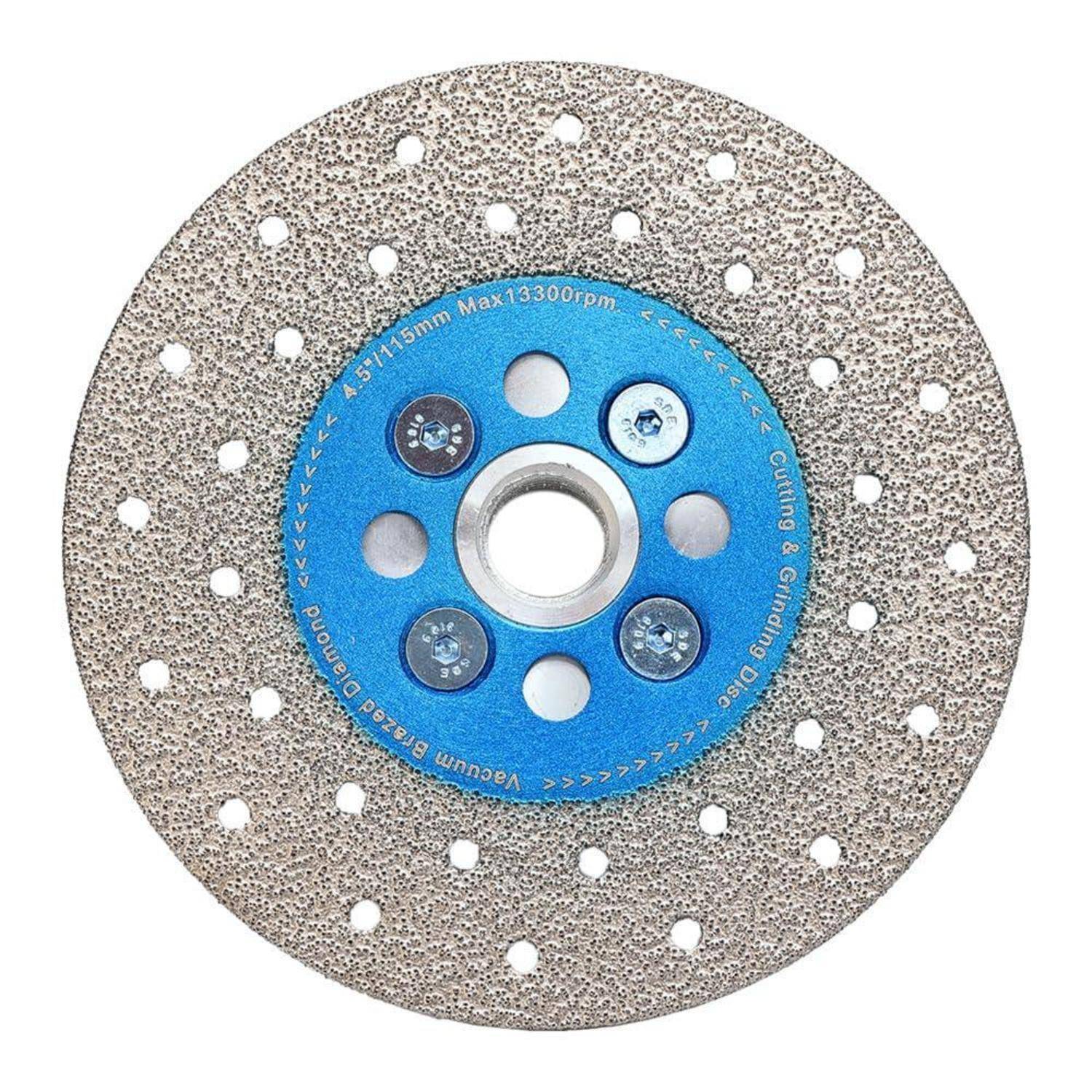 Eine Kreissägeblatt mit mehreren kleinen Löchern und blauem Zentrum, gekennzeichnet mit '85mm Max 13300 U/min.' Zum Schneiden und Schleifen verwendet.