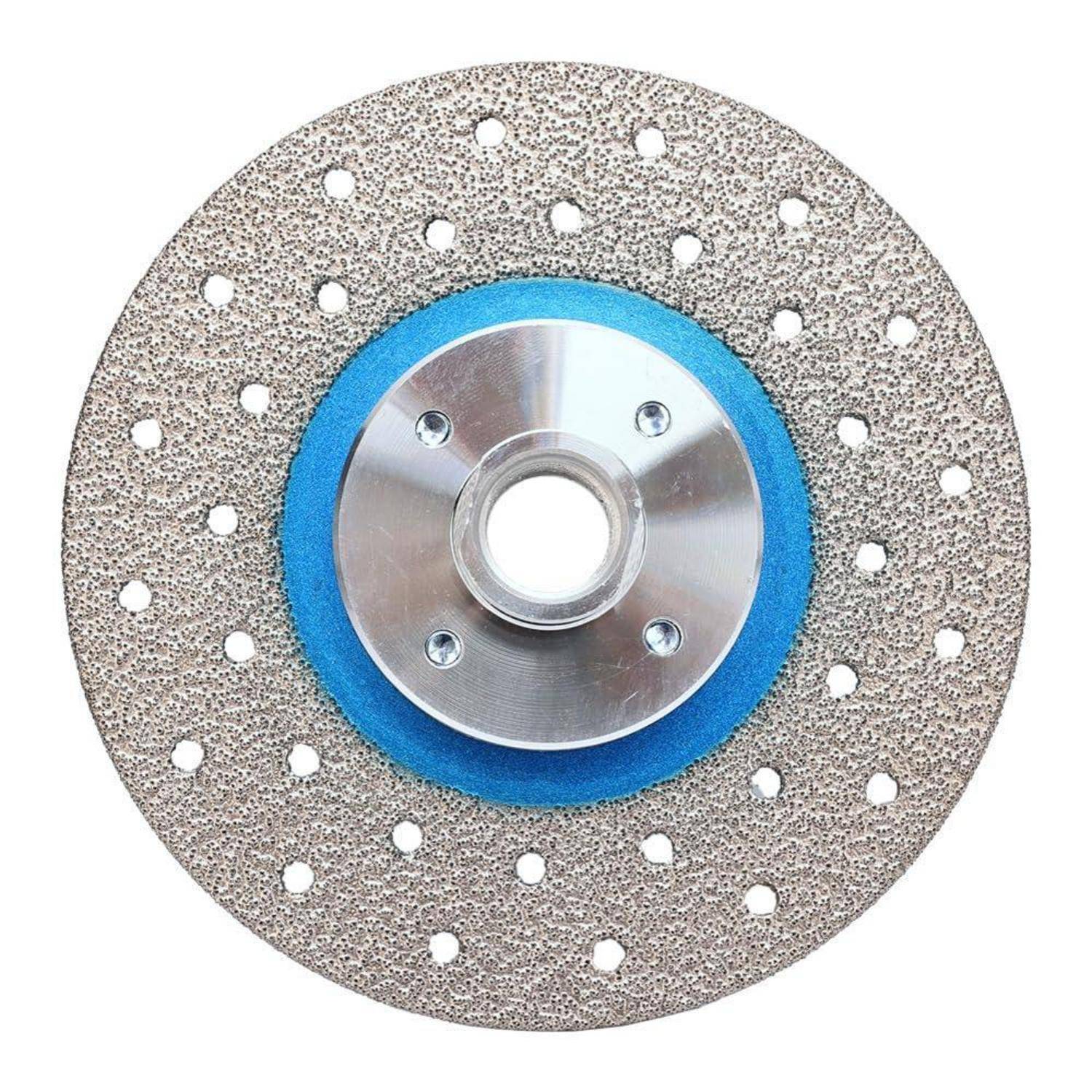 Eine kreisförmige Metallschleifscheibe mit einem blauen Innenring, die mehrere Löcher zur Verbesserung der Haltbarkeit und Kühlung während des Gebrauchs aufweist.