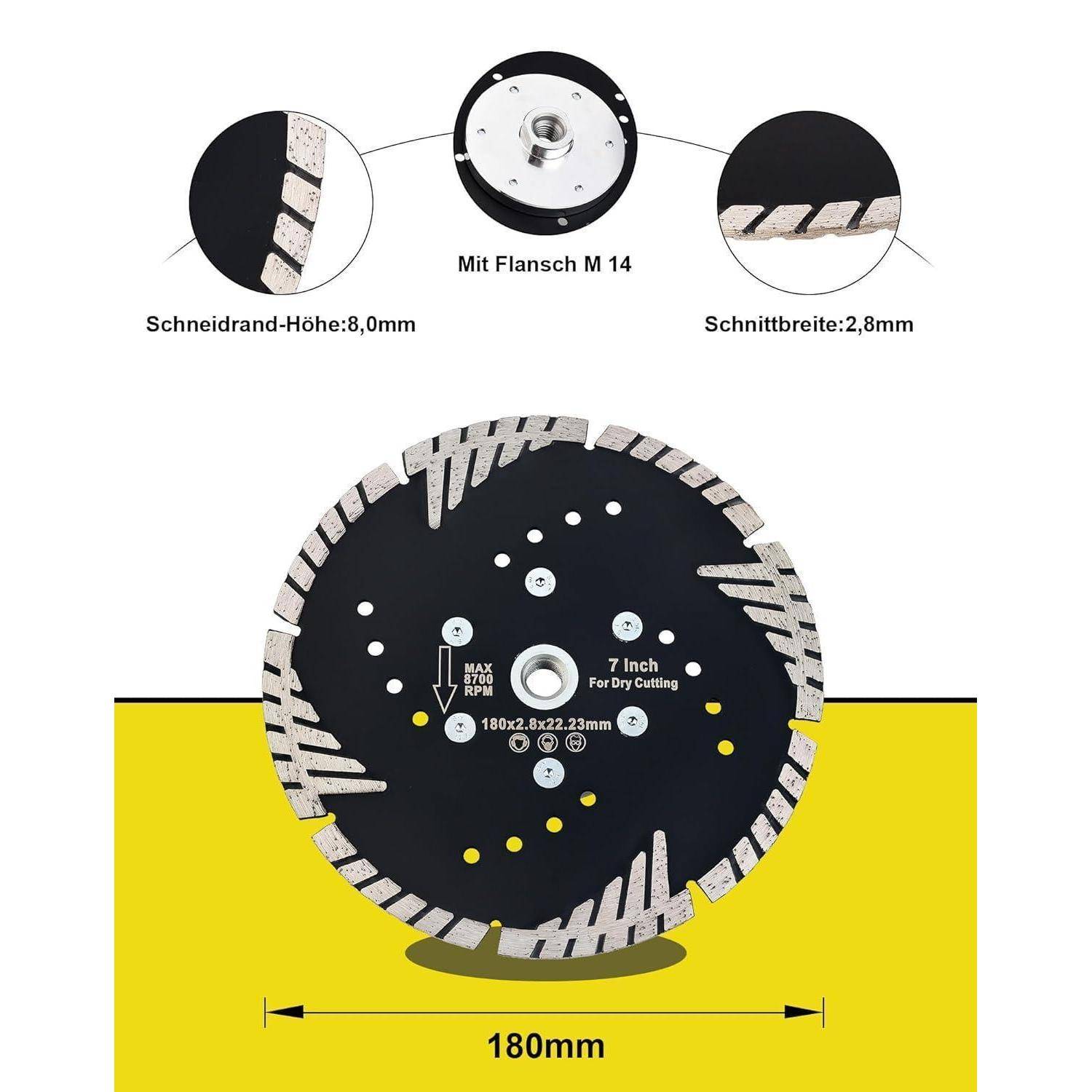 Eine Kreissägeblatt wird gezeigt mit gekennzeichneten Segmenten: 'Schneidrand-Höhe: 8,0mm', 'Mit Flansch M 14' und 'Schnittbreite: 2,8mm'. Durchmesser: 180mm.