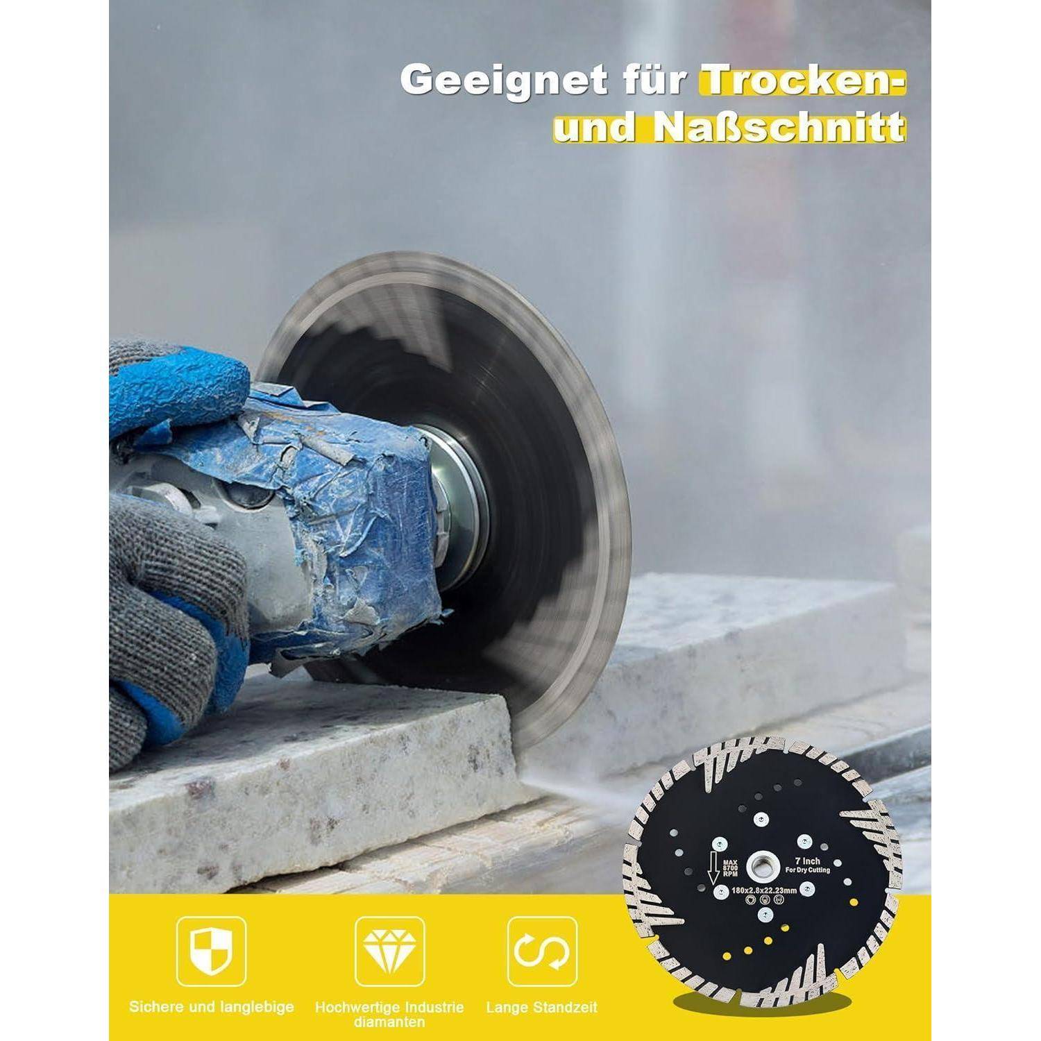 Eine Hand verwendet eine Kreissäge mit Diamantklinge zum Steinschneiden, was die Eignung für nasse und trockene Schneidverfahren anzeigt.