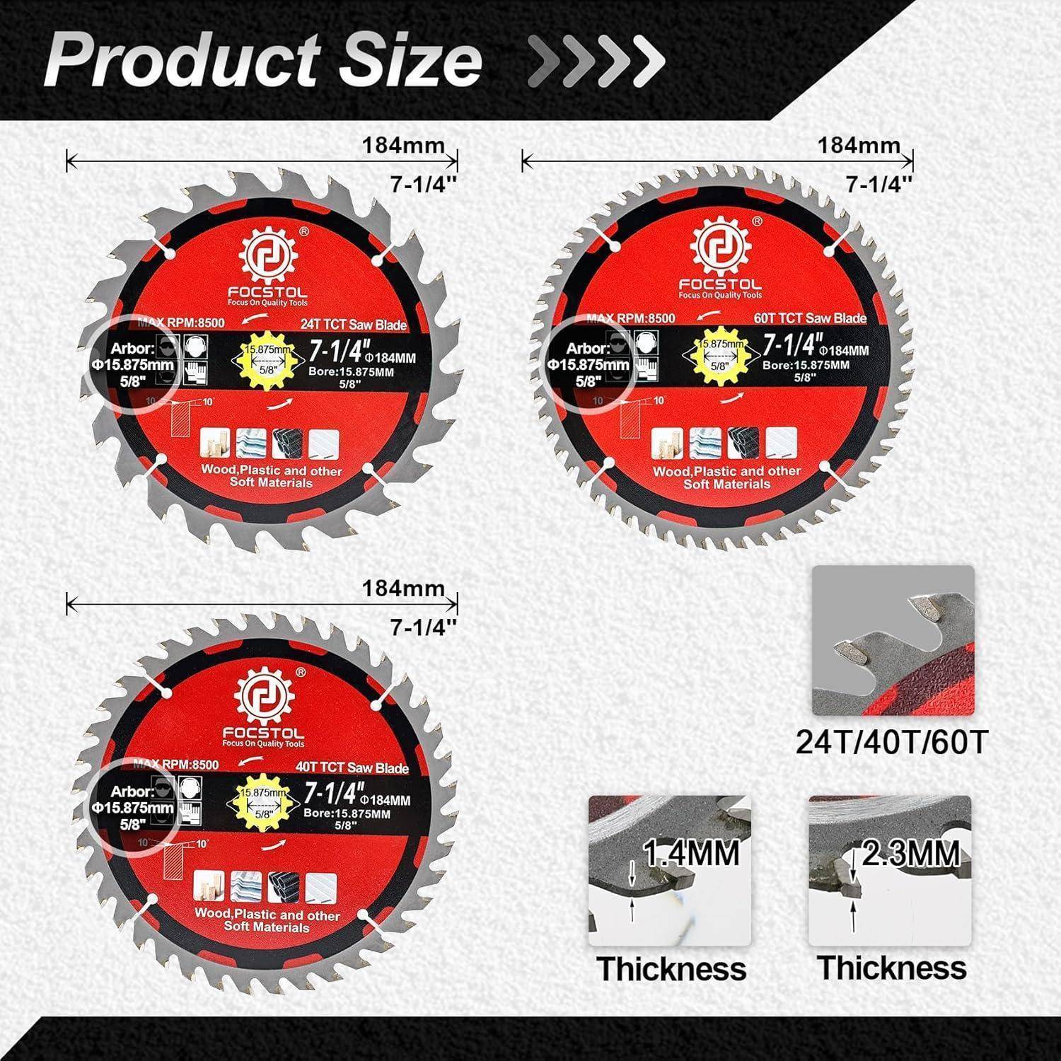 Produktgröße' Bild mit drei Kreissägeblättern mit Abmessungen: 184 mm Durchmesser, passend für 7-1/4'' Werkzeuge, 24Z/40Z/60Z Zähne.