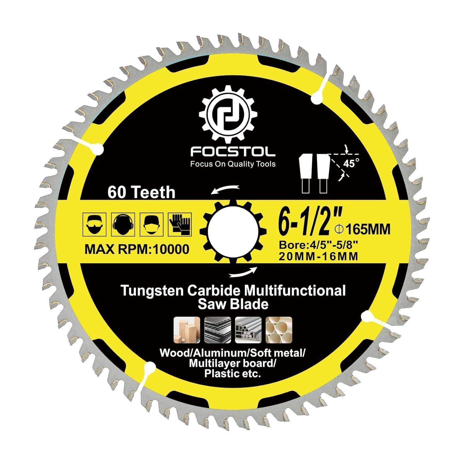 Kreissägeblatt mit 60 Zähnen, 6-1/2 Zoll (165 mm) Durchmesser. Etiketten zeigen Kompatibilität mit Holz, Aluminium, Kunststoff und Betriebsdetails.