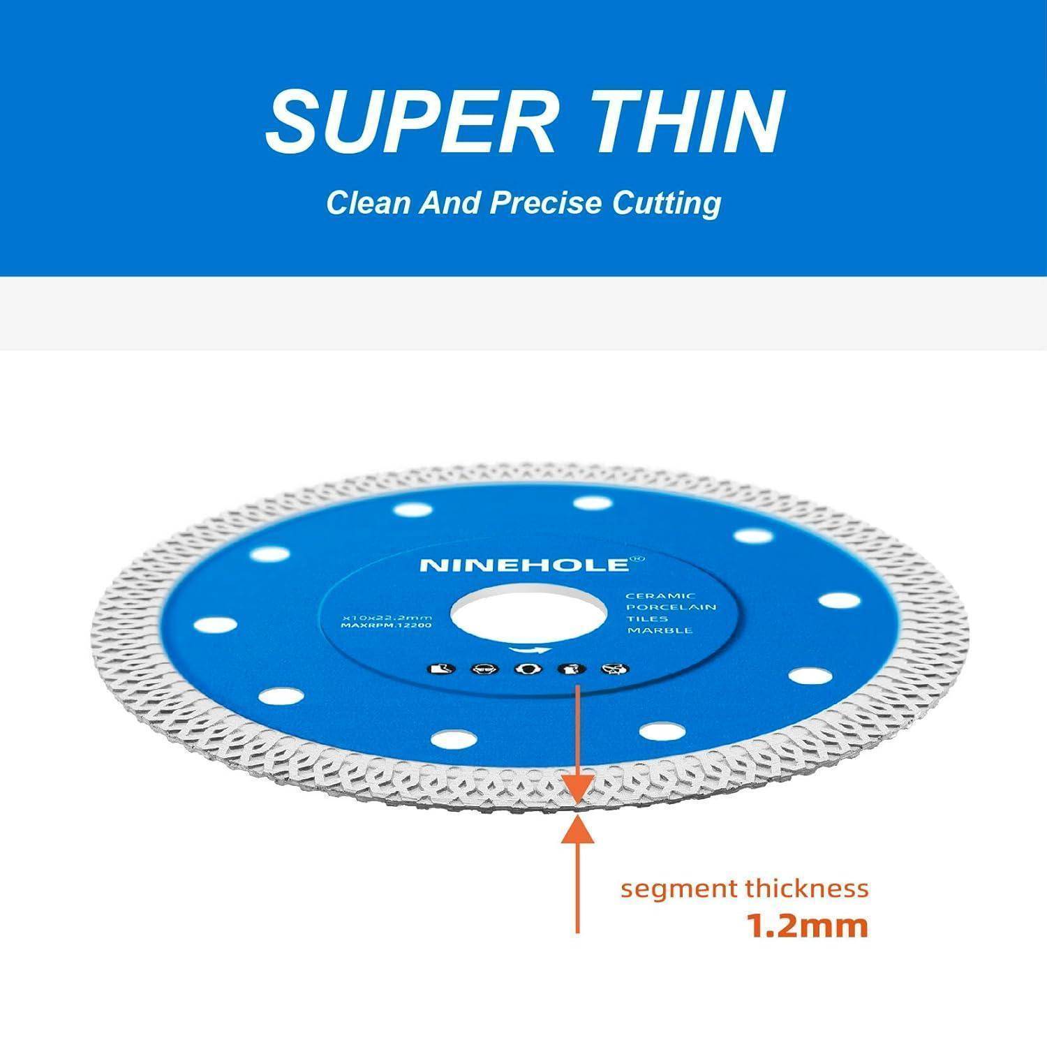 Eine kreisförmige blaue Sägeblatt mit der Aufschrift 'NINEHOLE', mit einer Segmentdicke von 1,2 mm, wird aufgrund seiner Dünnheit und Präzision beim Schneiden hervorgehoben.