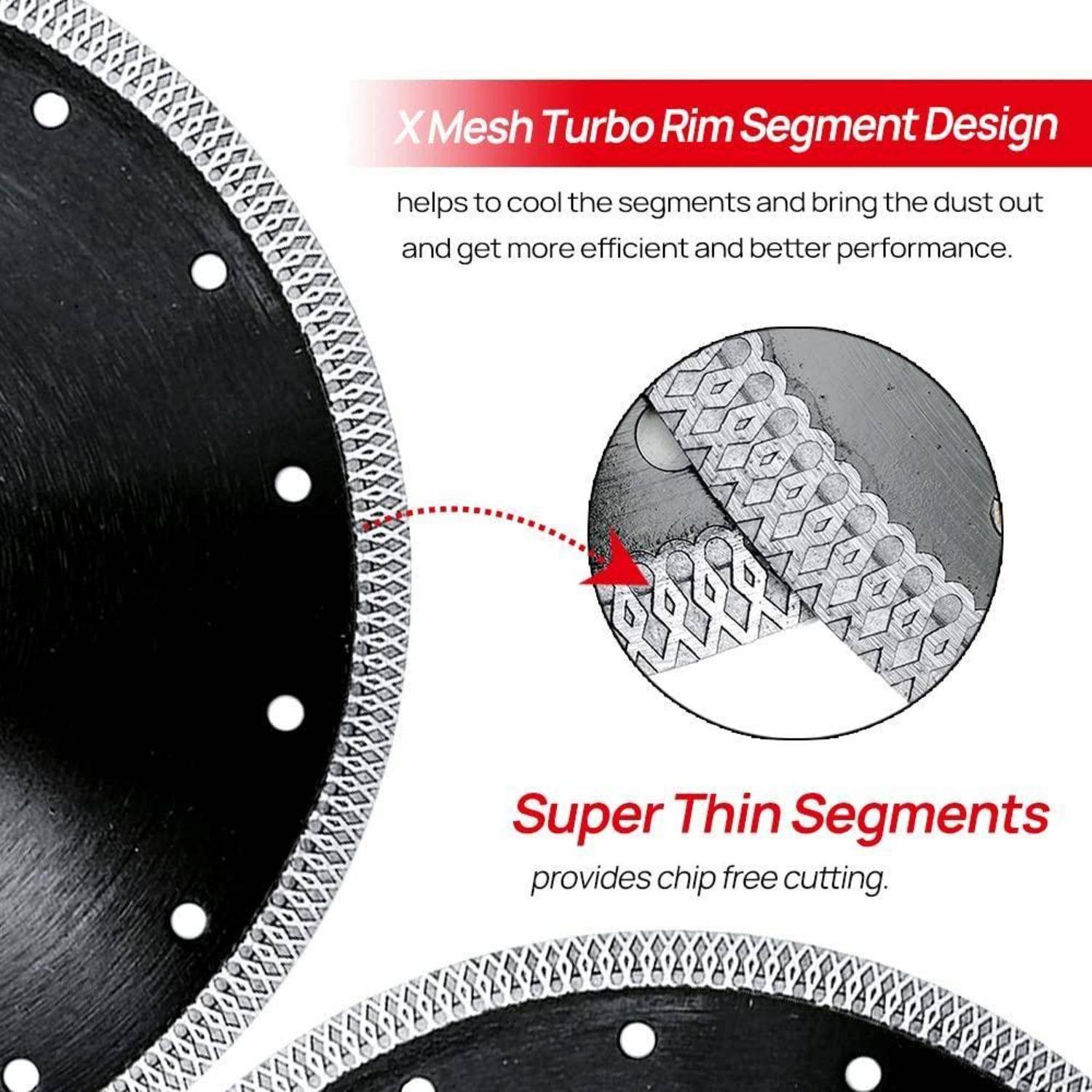 X Mesh Turbo Felgenabschnitt-Design' Text mit einer Illustration, die Details eines segmentierten Sägeblatts zeigt. Betont Kühlung und effiziente Staubentfernung.