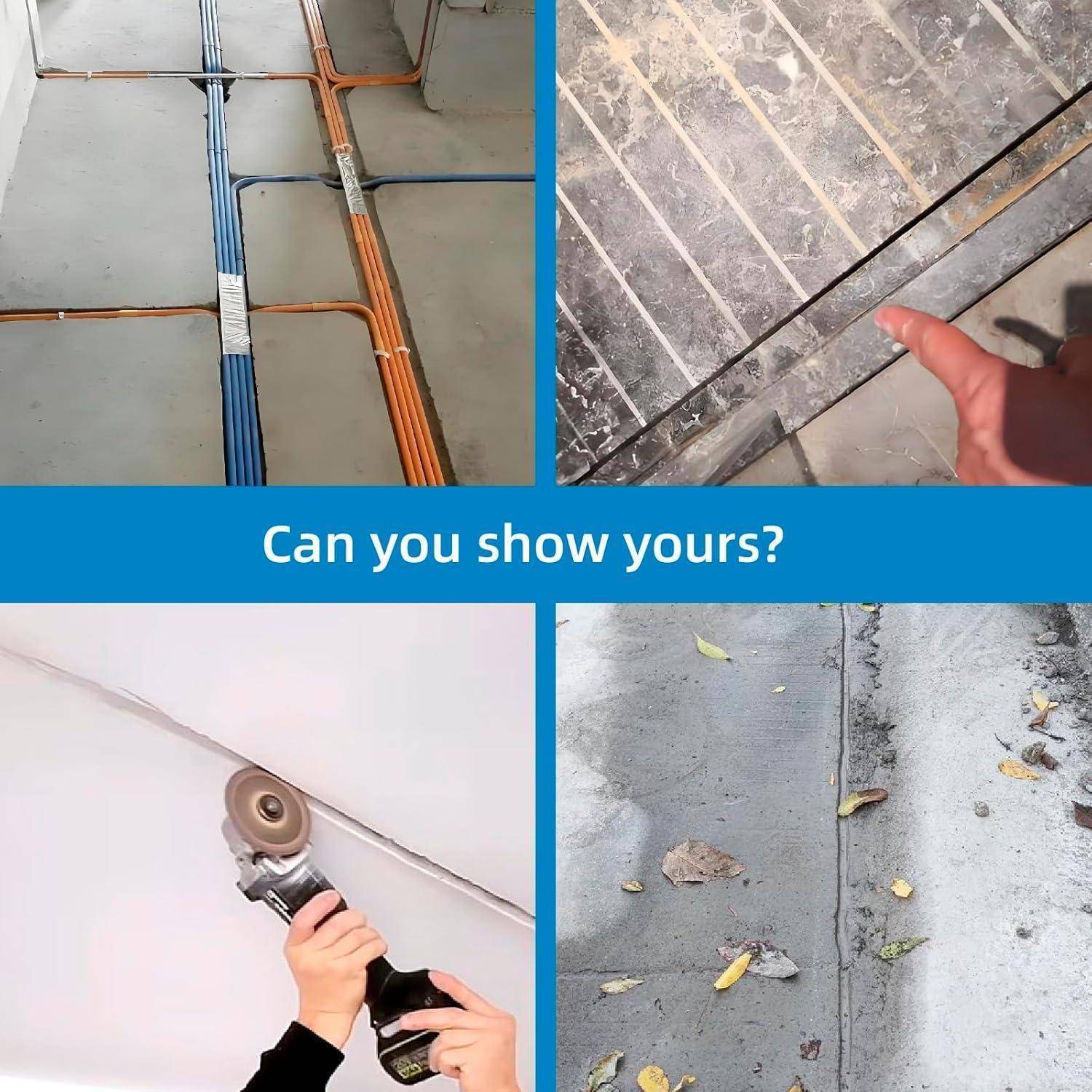 Vier Bilder zeigen verschiedene DIY-Projekte: Kabelverlegung am Boden, Terrassengestaltung, Deckenleuchteninstallation und Dachrinnenreinigung. Bildunterschriften lesen: 
