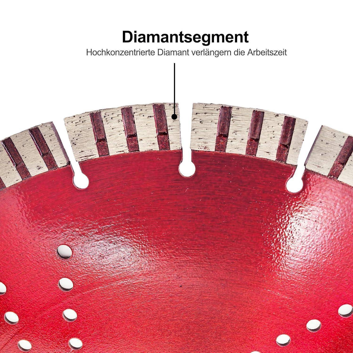 Eine rote Sägeblatt mit silbernen Segmentspitzen, beschriftet mit 
