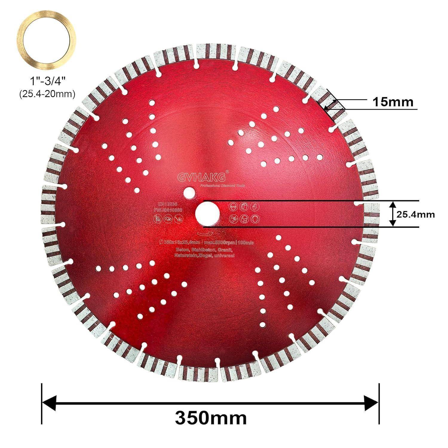 Eine rote Diamantsägeblatt mit Spezifikationen: 350 mm Durchmesser, 15 mm Segmenthöhe und 25,4 mm Zentralloch.Inklusive 1