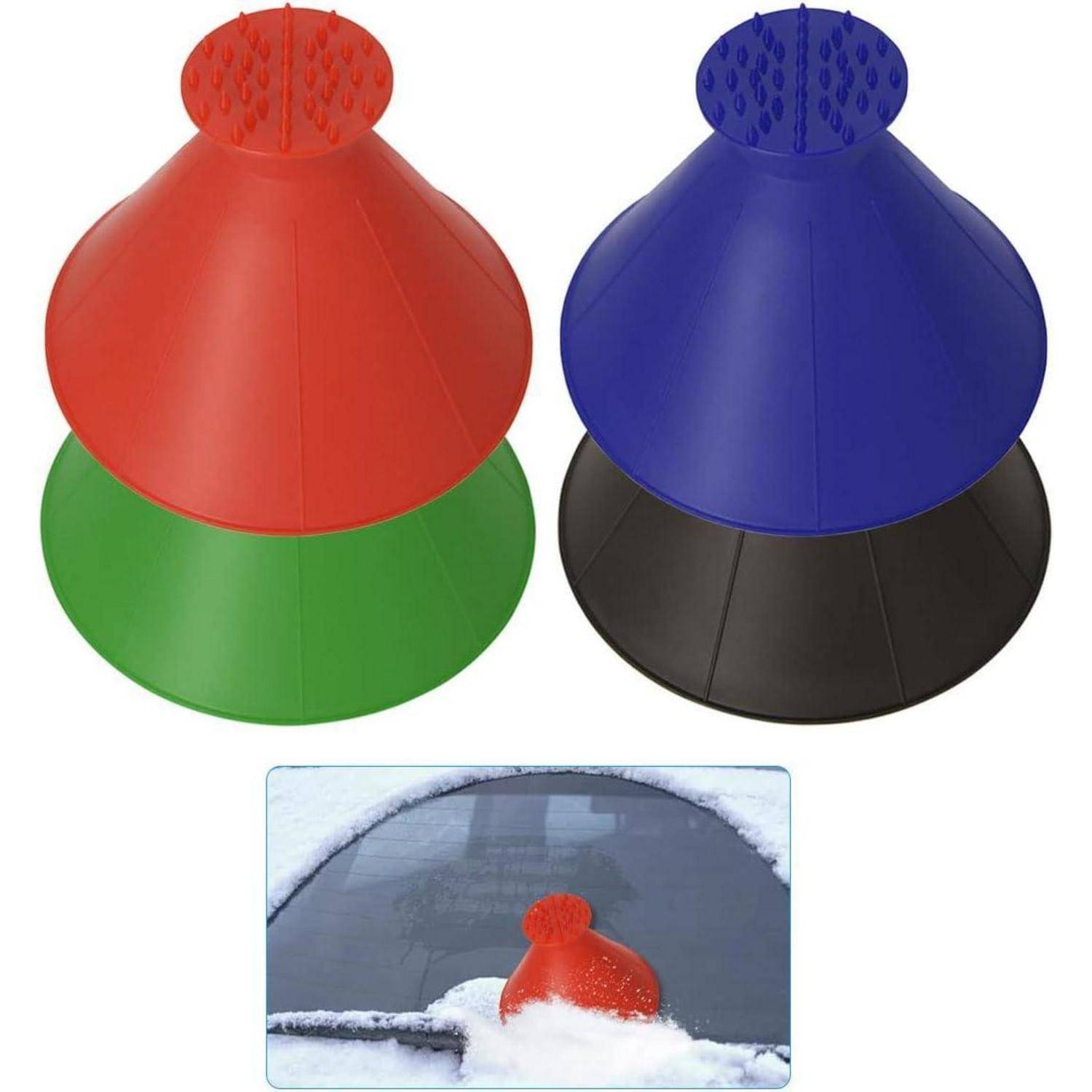 Drei konische Eiskratzer in Rot, Grün und Blau, entwickelt zum Entfernen von Schnee von Autoscheiben. Die Kratzer verfügen über strukturierte Oberflächen.