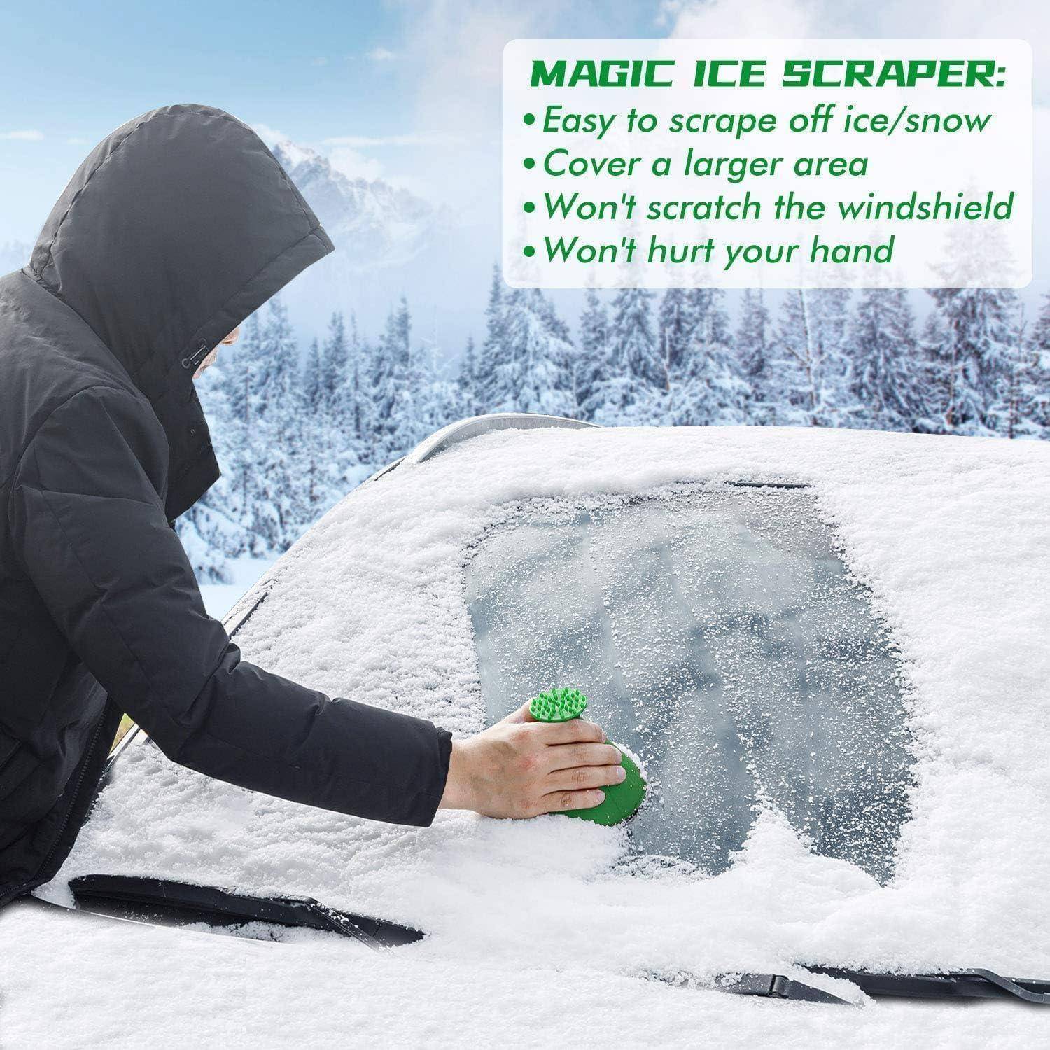 Eine Person entfernt Eis von einer Autoscheibe mit einem grünen Eiskratzer. Texthervorhebungen zeigen die Vorteile: benutzerfreundlich, große Abdeckfläche, schonend für die Windschutzscheibe, handfreundlich. Verschneite Landschaft im Hintergrund.