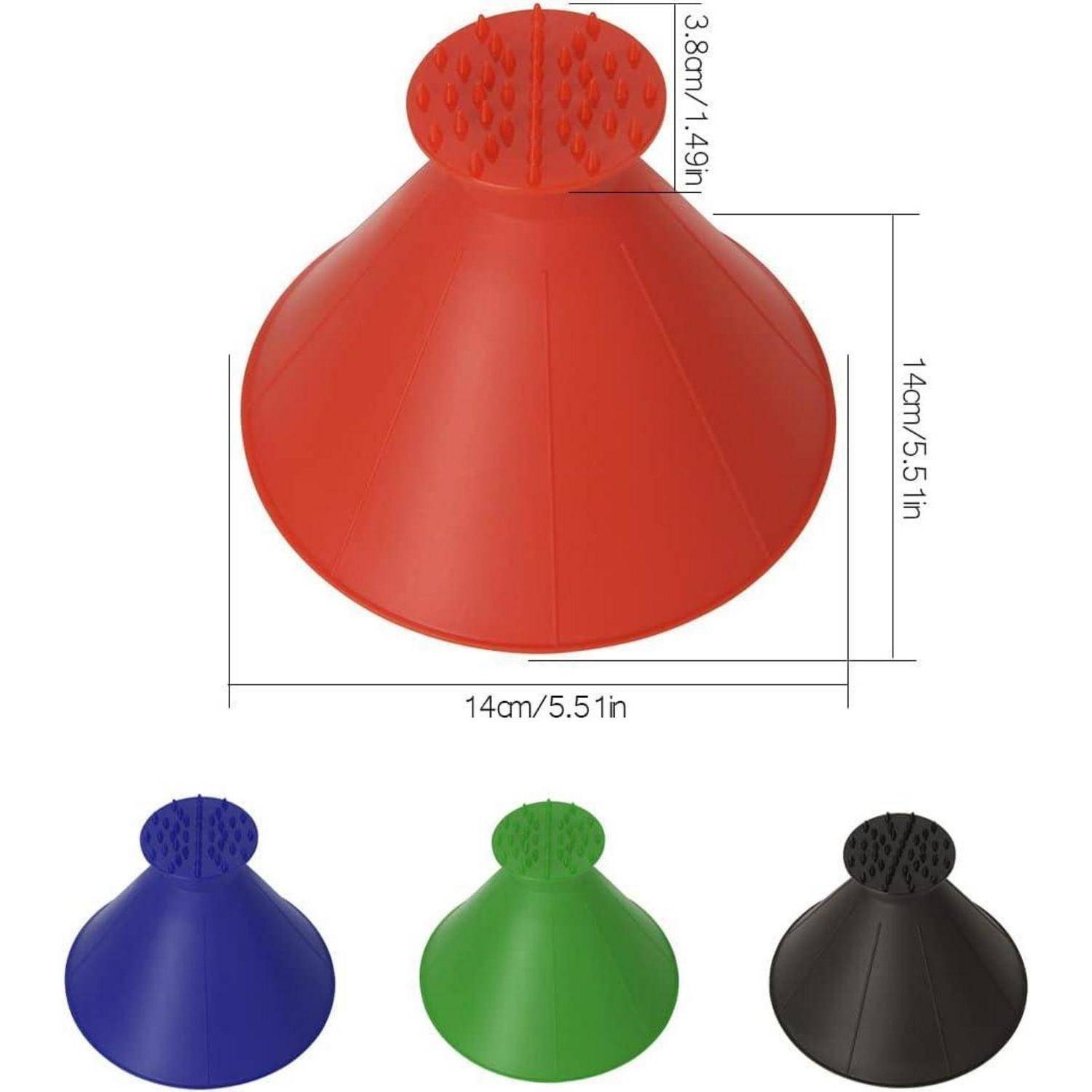 Ein roter Eiskratzer-Trichter mit Abmessungen: Höhe 14 cm/5,5 Zoll, Durchmesser 14 cm/5,51 Zoll, Oberhöhe 3,8 cm/1,49 Zoll. Varianten in Blau, Grün, Schwarz gezeigt.
