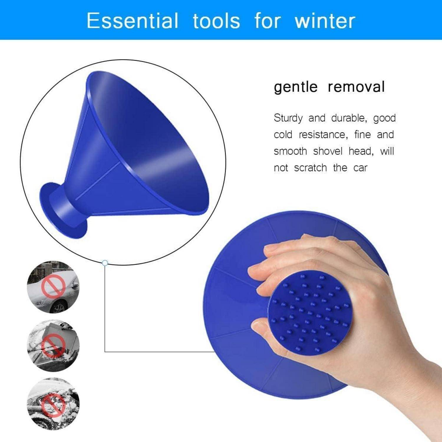 Hand, die einen blauen Eiskratzer hält, beschrieben als 