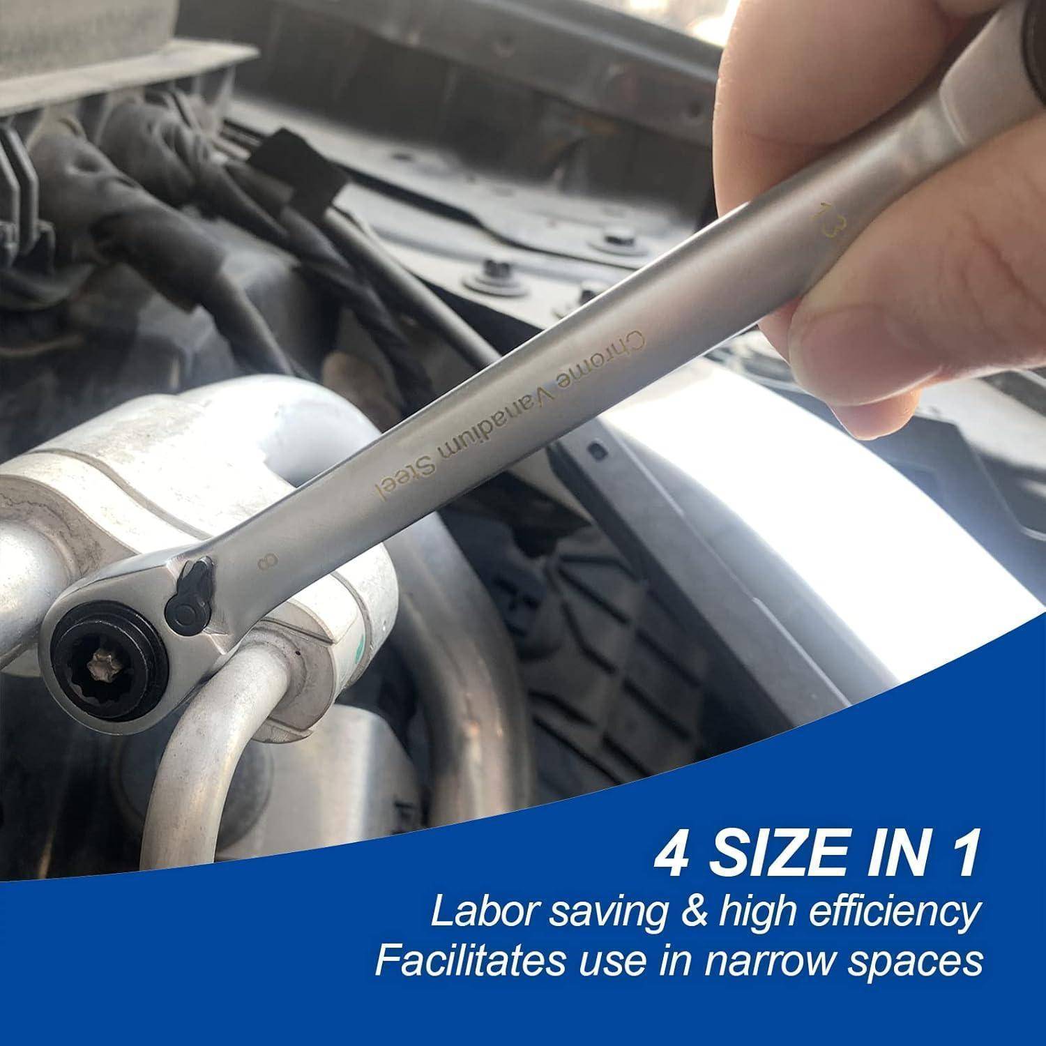 Eine Hand benutzt einen Schraubenschlüssel, um eine Schraube im Automotor anzuziehen. Der Schraubenschlüssel ist mit „Quick Release Ratchet Wrench