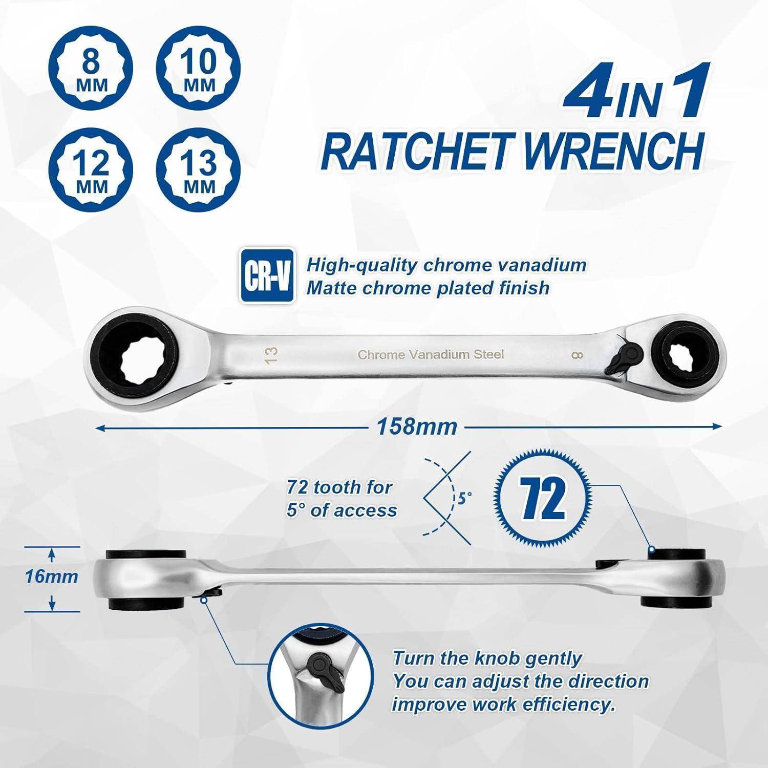 4-in-1 Ratschenschlüssel mit Größen 8mm, 10mm, 12mm, 13mm. Ausgestattet mit einem 72-Zahn-Mechanismus, 15° Versatz und Knopf zur Effizienzanpassung.