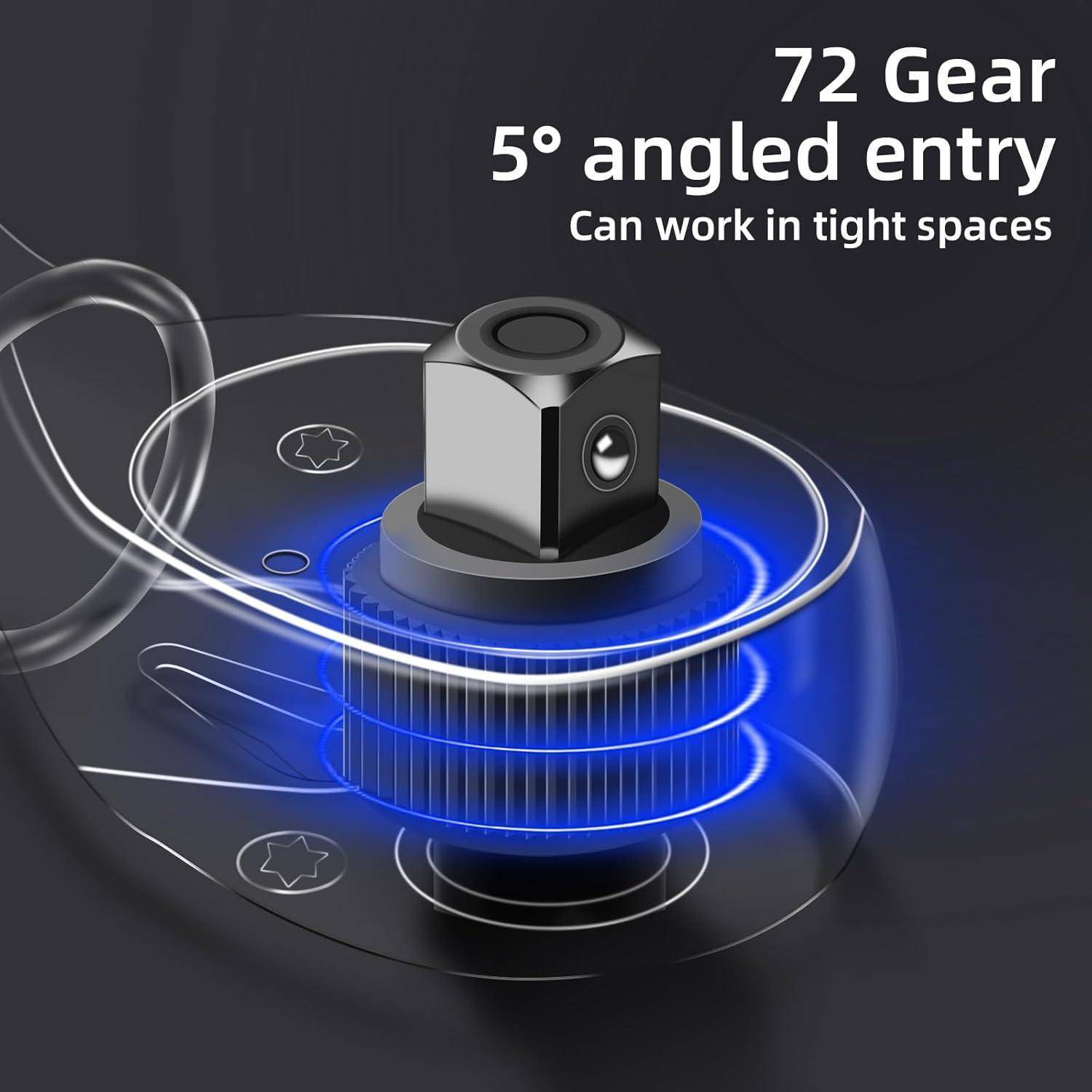 72 Zahnrad 5° geneigter Eintritt' Werkzeugillustration, die sein Design zum 'Arbeiten in engen Räumen' mit einer visuellen Darstellung des Mechanismus und der Zahnräder zeigt.