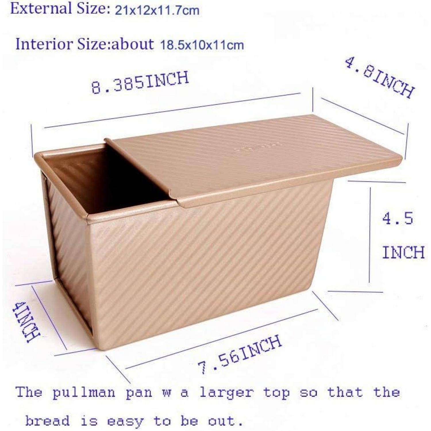 Goldener Pullman-Laibpfanne mit Deckel; Abmessungen angegeben: Außenmaße 21x12x11,7 cm, Innenmaße 18,5x10x11 cm. Der Text erwähnt einfache Brotherausnahme.