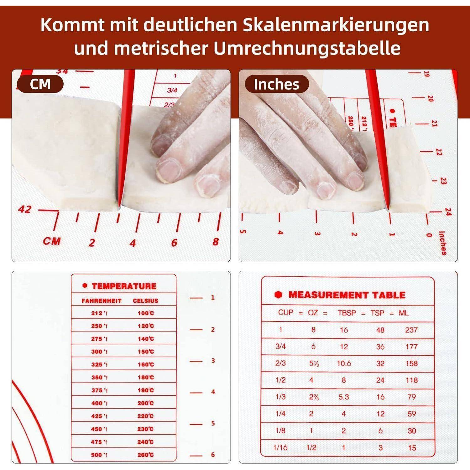 Das Bild zeigt ein Schneidebrett mit Messskalen in Zentimetern und Zoll, das Temperatur- und Maßumrechnungstabellen enthält.