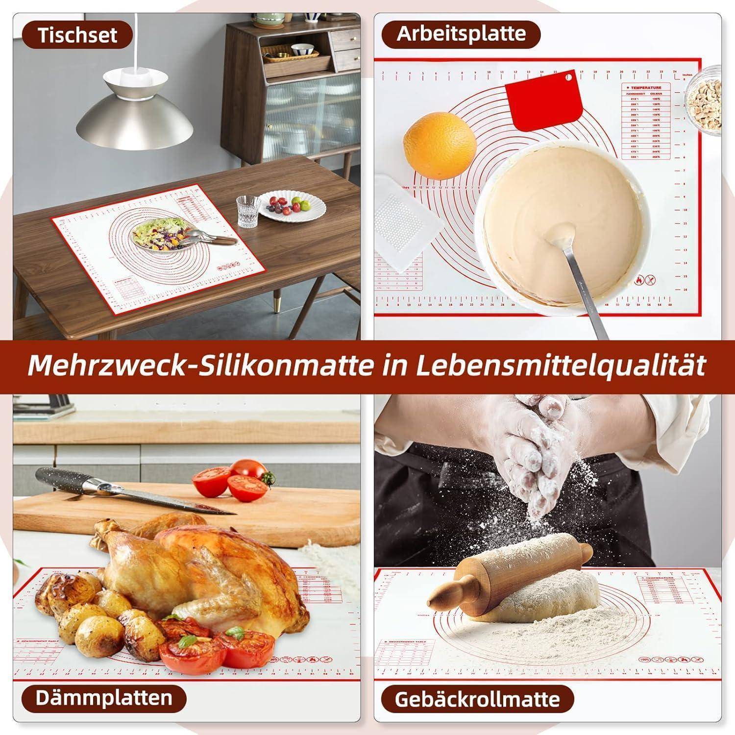 Silikon Backmatte 70x50 cm Antihaft Teigmatte mit 3 Teigschaber