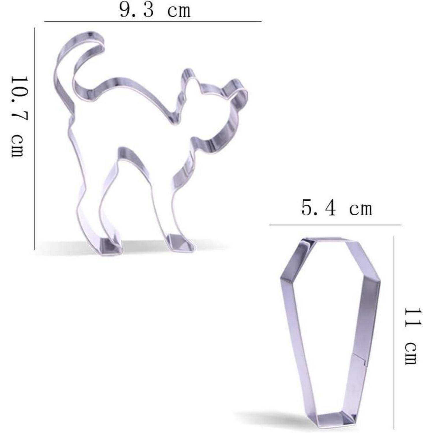 Katzenförmige und polygonale Metalldosen-Ausstecher mit angegebenen Abmessungen; Katzenausstecher ist 9,3 cm breit, 10,7 cm hoch; polygonaler Ausstecher ist 5,4 cm breit, 11 cm hoch.