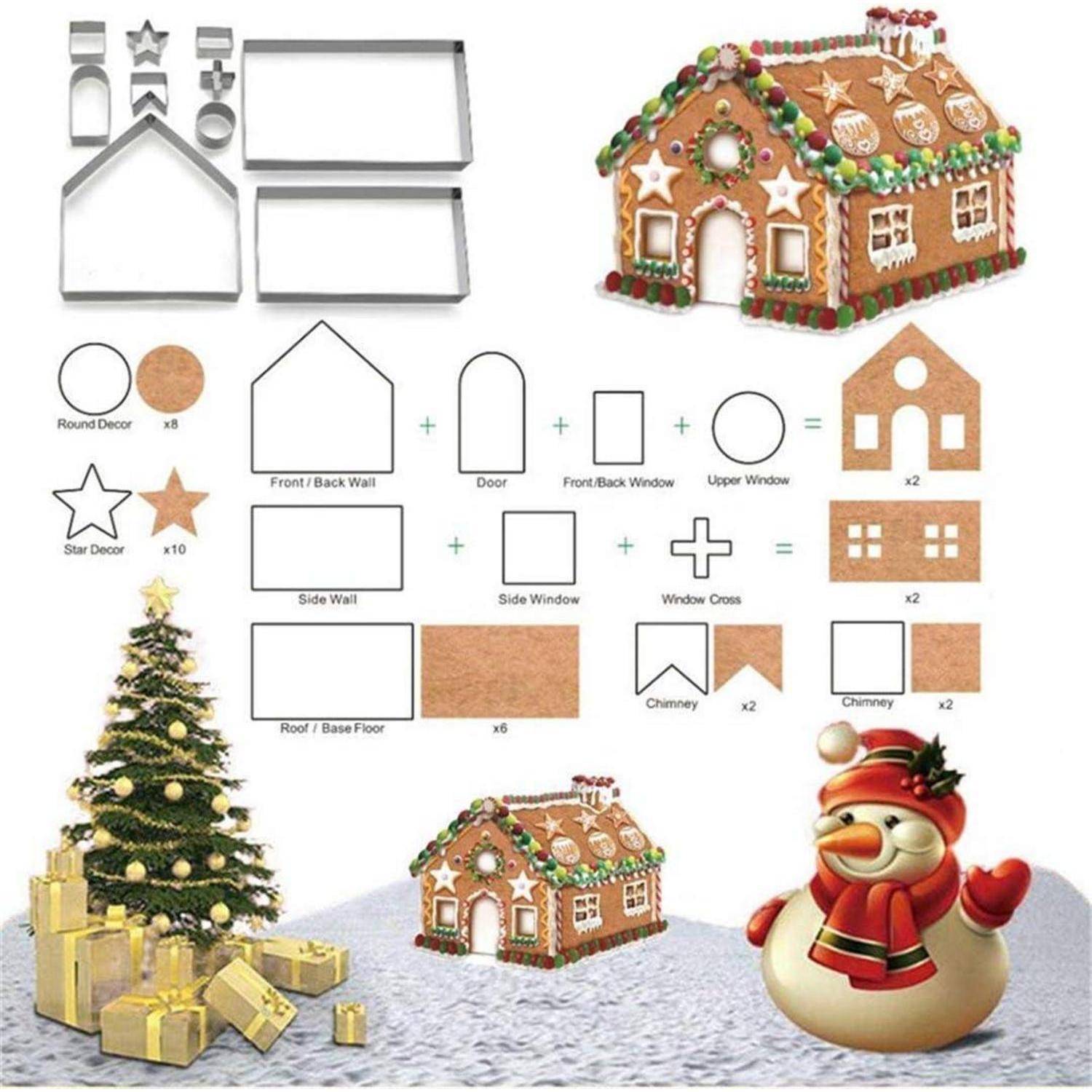 Lebkuchenhaus mit Vorlagen für Wände, Dach, Fenster und Tür. Beinhaltet ein dekoriertes Lebkuchenhaus, Weihnachtsbaum mit Geschenken und einen Schneemann.