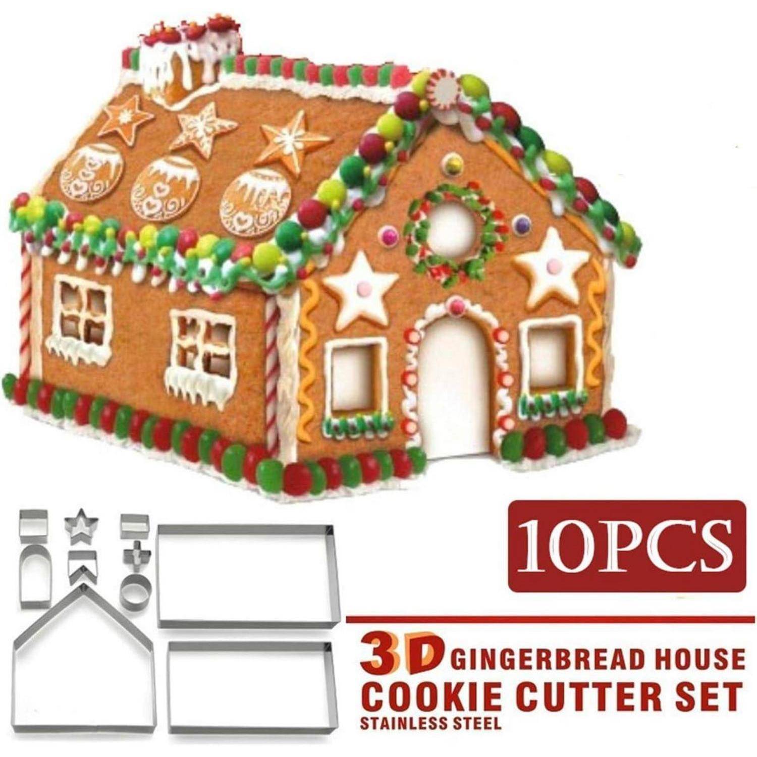 3D Lebkuchenhaus Ausstechformen Set - 10-teilig - beinhaltet Ausstecher zum Erstellen eines detaillierten Lebkuchenhauses, verziert mit Zuckerguss und Süßigkeiten.