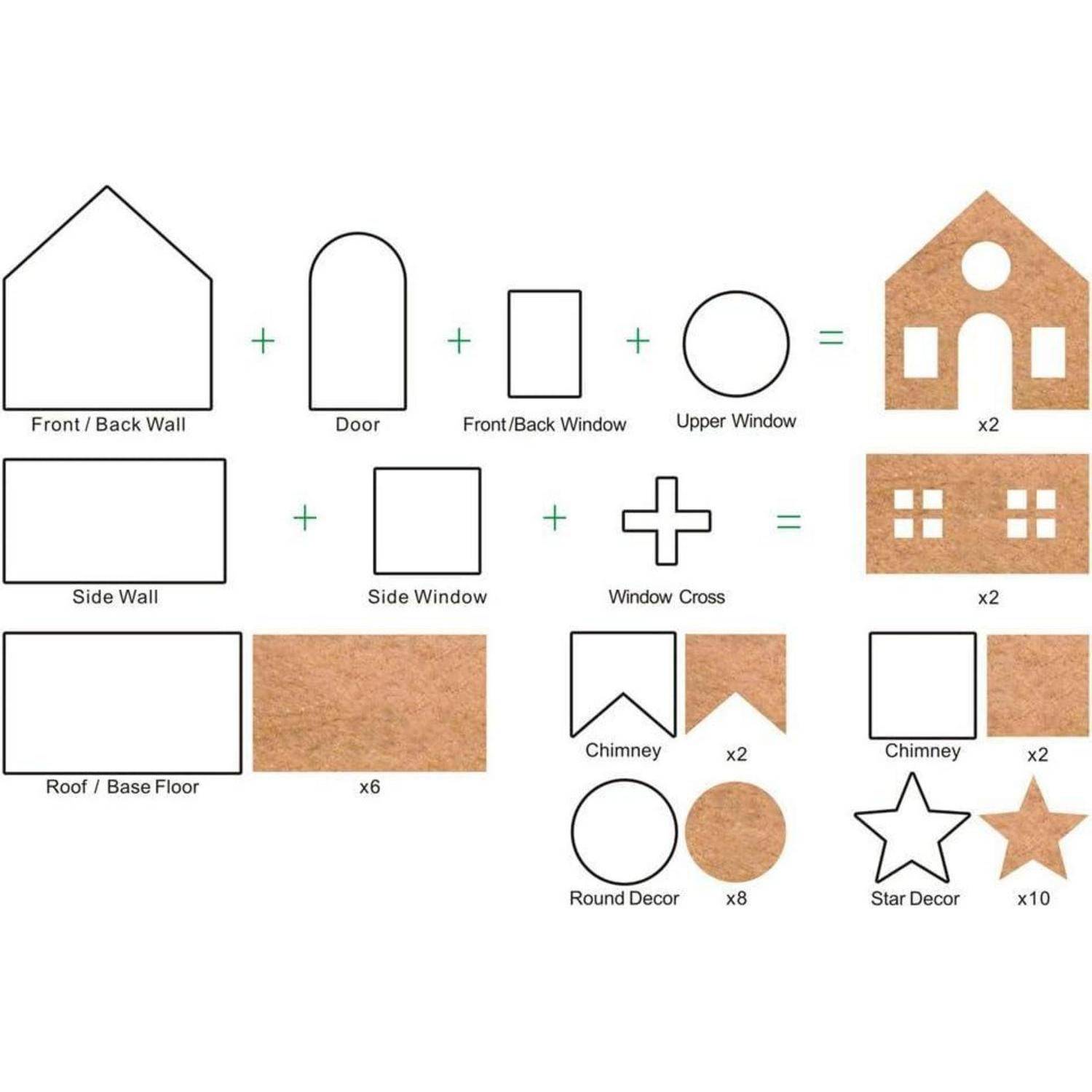 Diagramm zur Veranschaulichung der Teile eines Hausmodells: Wände, Tür, Fenster, Dach, Schornstein und Dekoration. Zeigt die für den Zusammenbau benötigten Mengen.