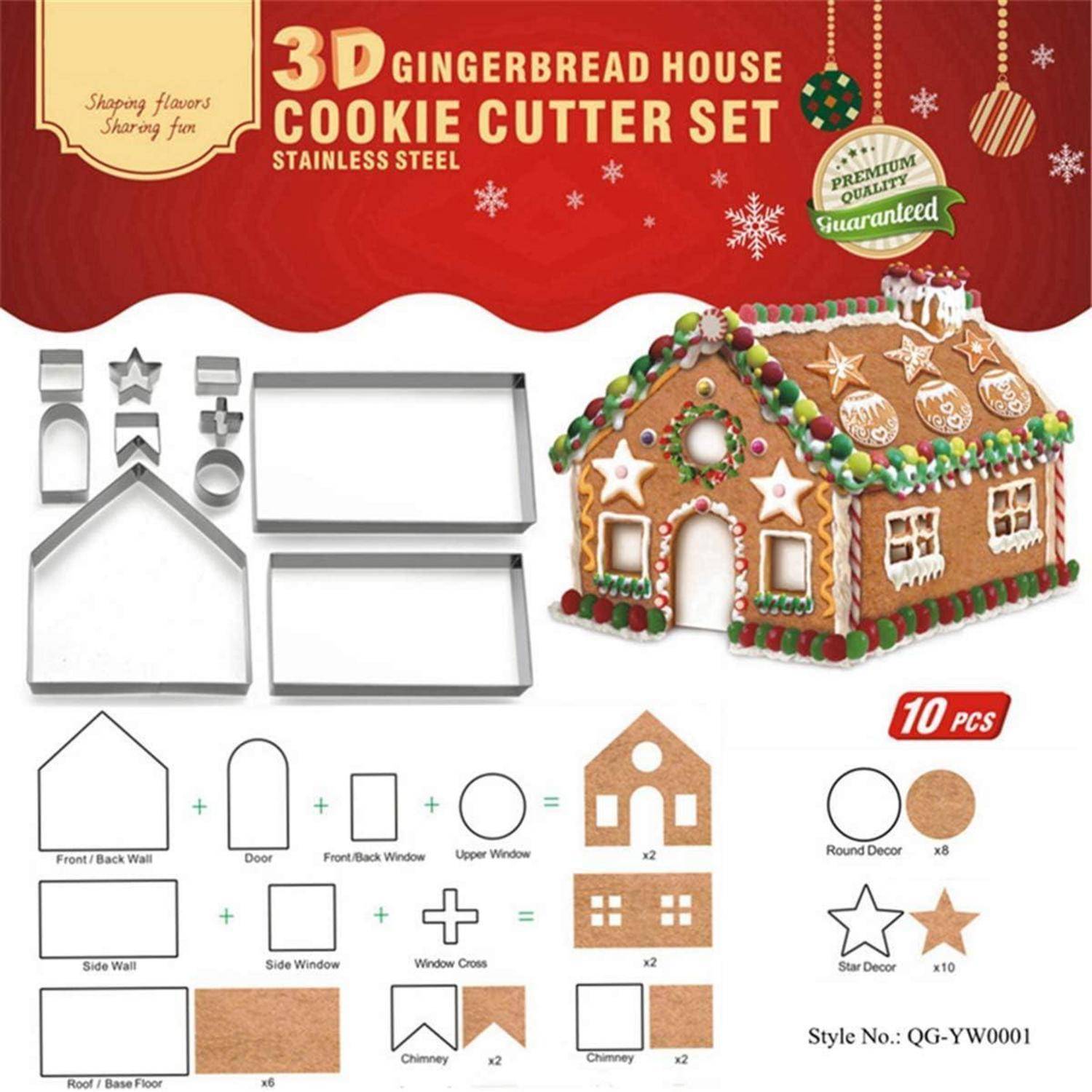 3D Lebkuchenhaus Ausstechformen Set' enthält 10 Edelstahl-Ausstecher: Vorderseite, Rückseite, Seitenwände, Fenster, Dach, Stern, runde Dekoration, mit Foto des zusammengebauten Hauses.