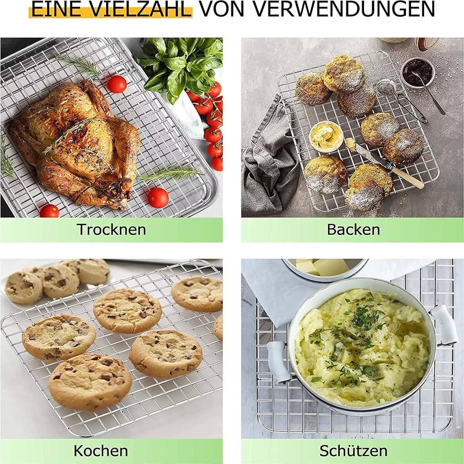 Bild zeigt einen Drahtständer, der für vielseitige Kochaufgaben verwendet wird: zum Trocknen von Kräutern, Backen von Fisch, Abkühlen von Keksen und zum Schutz von Herddosen.