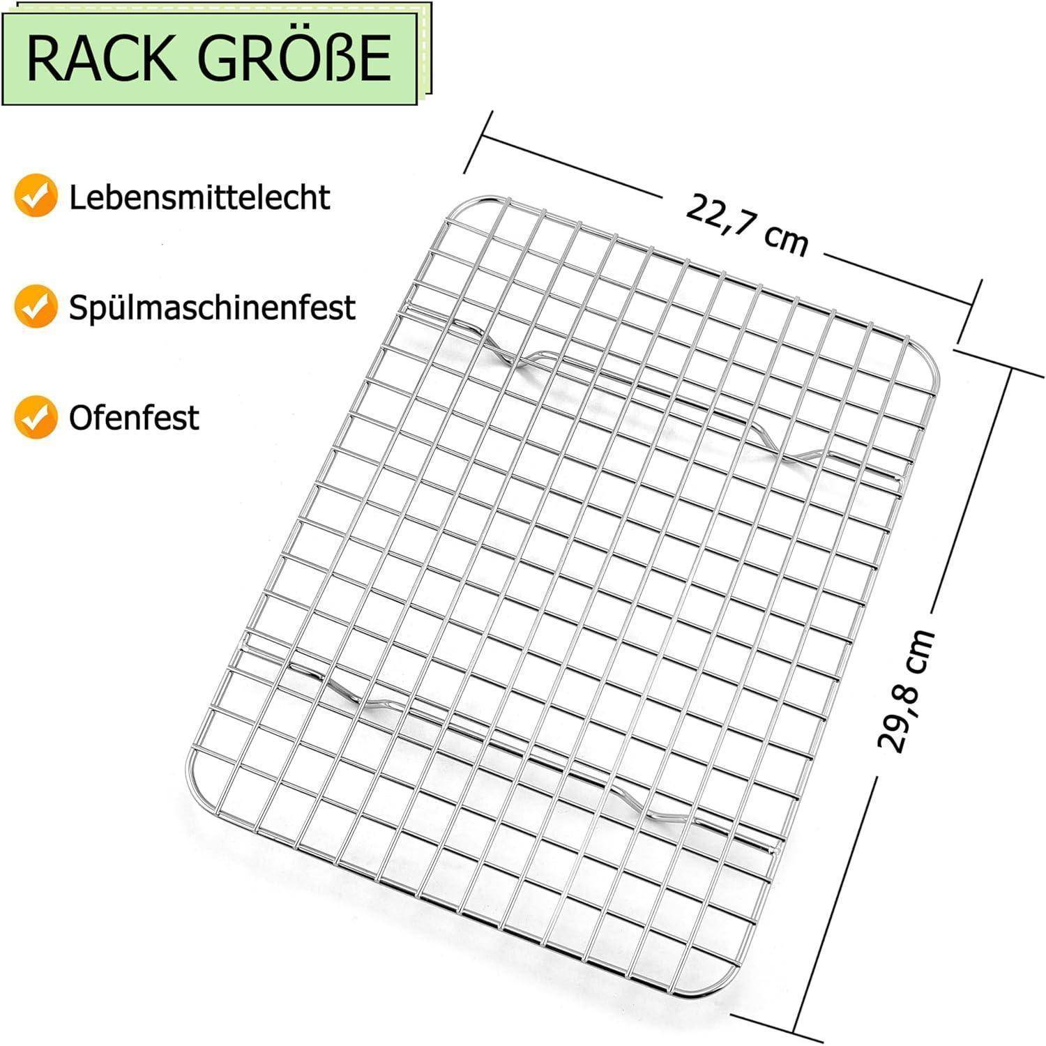 Metallkühlregal mit Aufschrift 'RACK GRÖßE', Abmessungen 22,7 cm x 29,8 cm, Eigenschaften: lebensmittelecht, spülmaschinenfest, backofengeeignet.