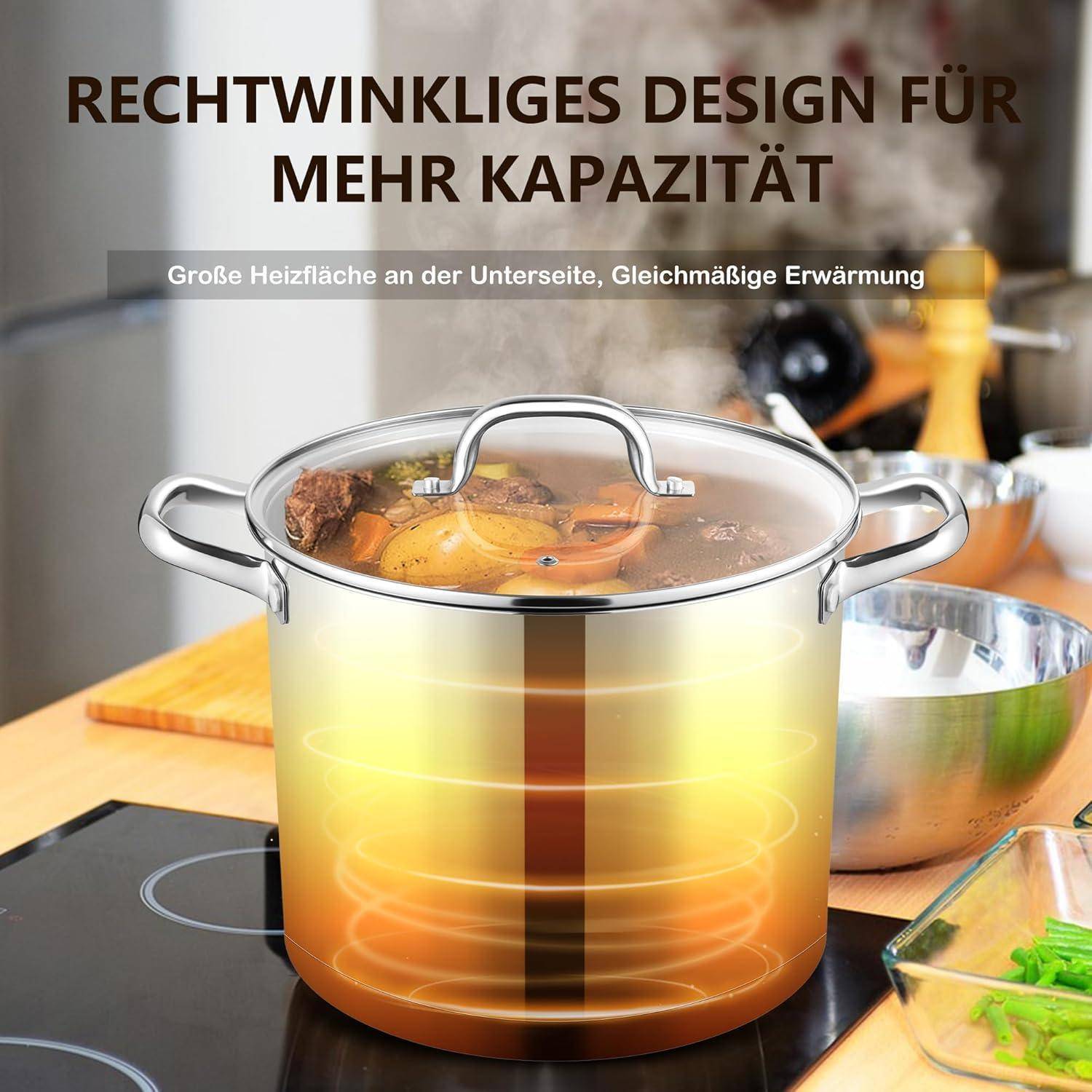 Ein Kochtopf mit Gemüse und Rindfleisch auf einem Herd. Text: 'Rechtwinkliges Design für mehr Kapazität