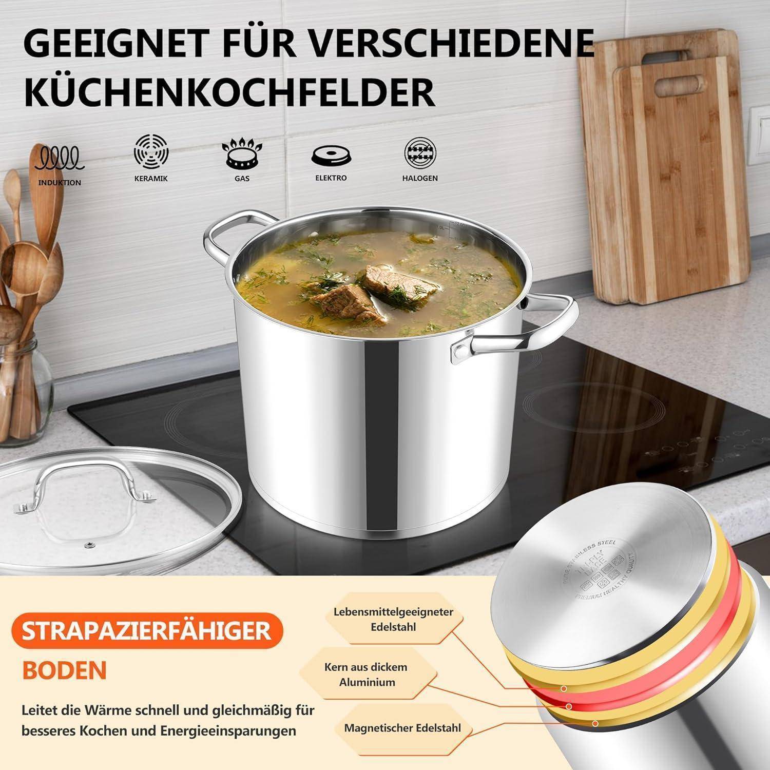 Ein großer Topf, der Suppe auf einem Induktionsherd kocht. Text liest sich: 'Geeignet für verschiedene Küchenkochfelder'. Diagramm hebt die robuste Basis mit Materialien wie Aluminium und Edelstahl hervor.