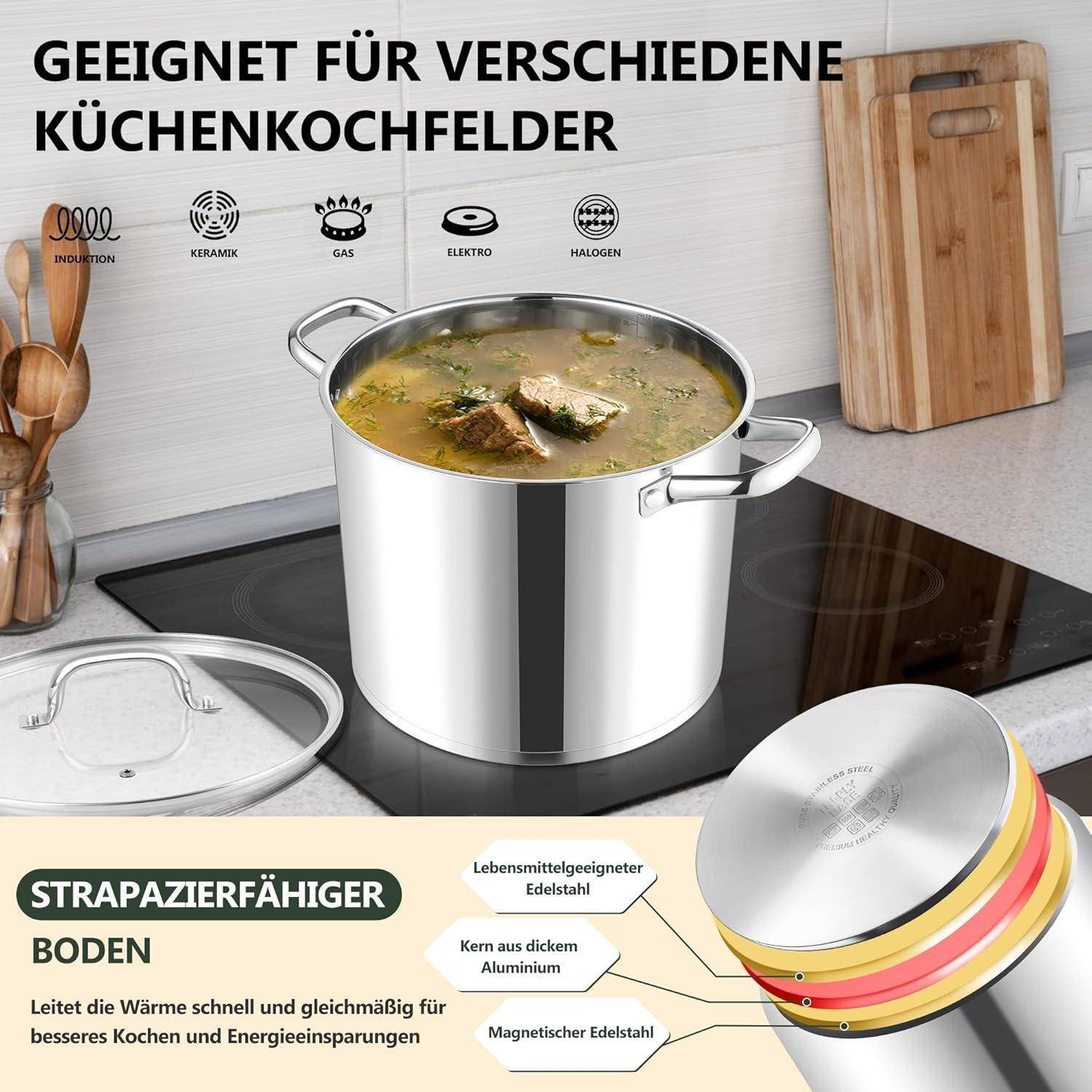 Ein Topf mit Suppe auf einem Induktionsherd, der vielseitiges Kochgeschirr für verschiedene Herdarten hervorhebt: Induktion, Gas, Elektro, Halogen. Eingesetzt ist eine Darstellung der robusten Bodenschichten für bessere Wärmeverteilung und Energieeinsparung.