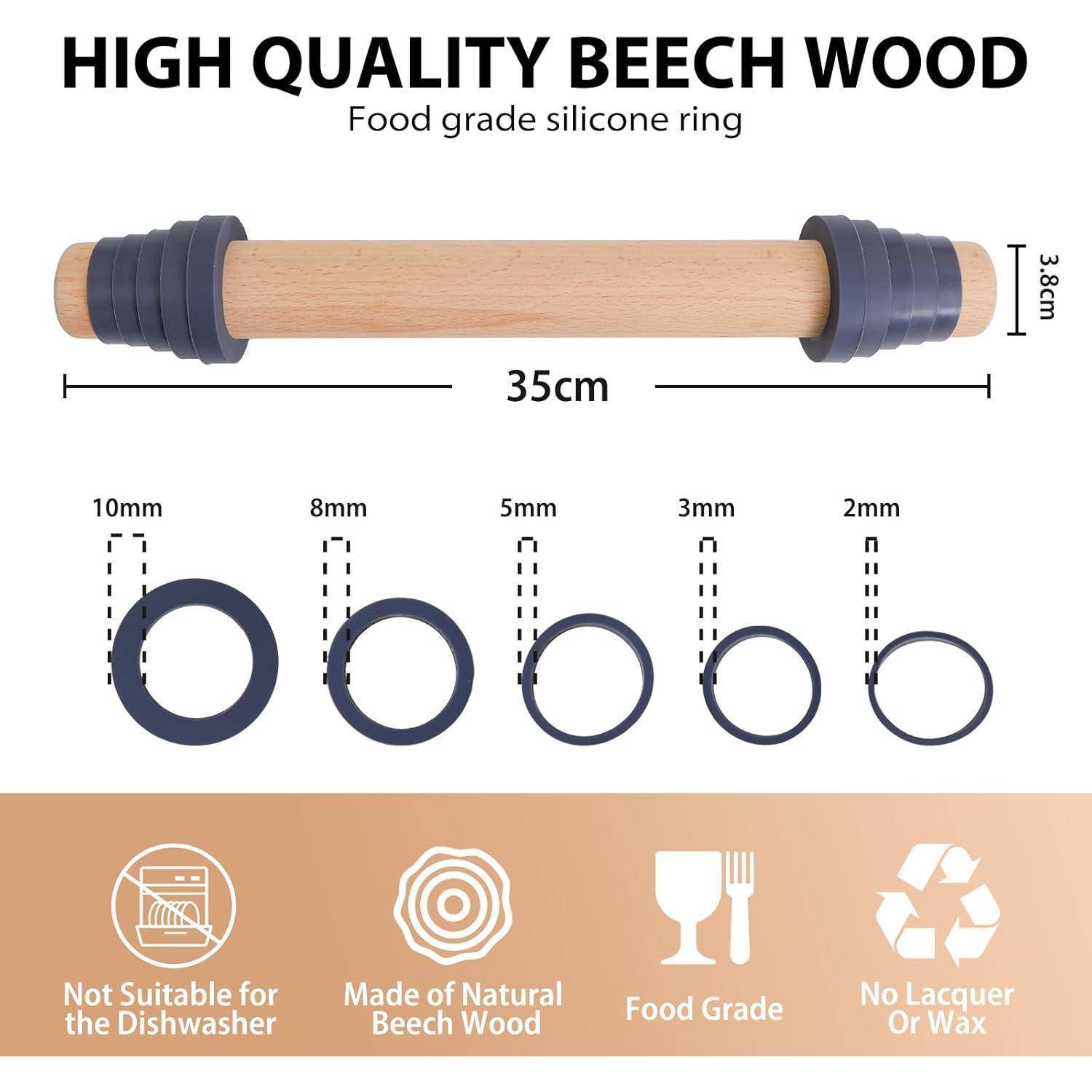 Ein Nudelholz mit einstellbaren Silikonringen für gleichmäßige Dicke. Produktmerkmale: 35 cm Länge, lebensmittelechtes Silikon, Buchenholz, nicht spülmaschinenfest, keine Lackierung oder Wachsschicht.