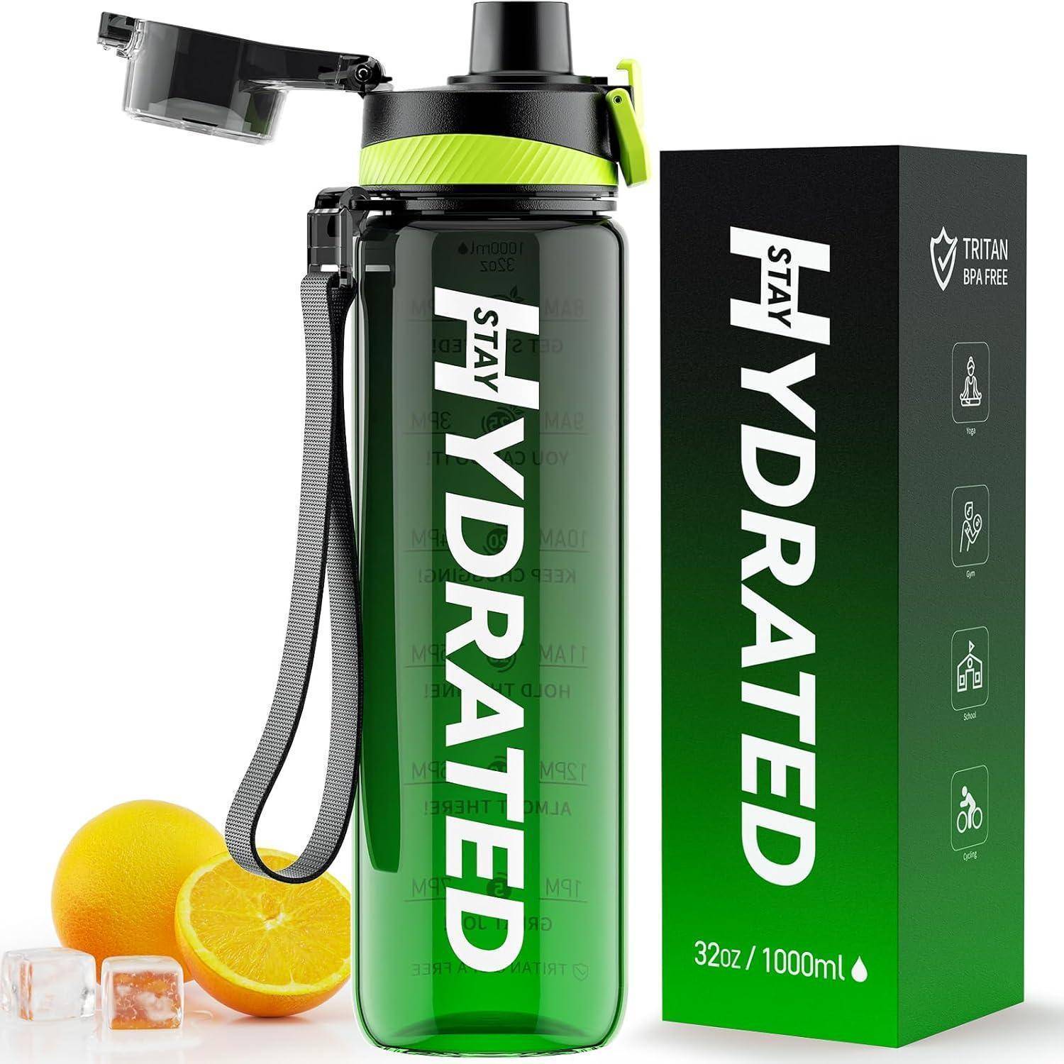 Trinkflasche 1L Wasserflasche aus Tritan BPA-frei mit Zeitmarkierung