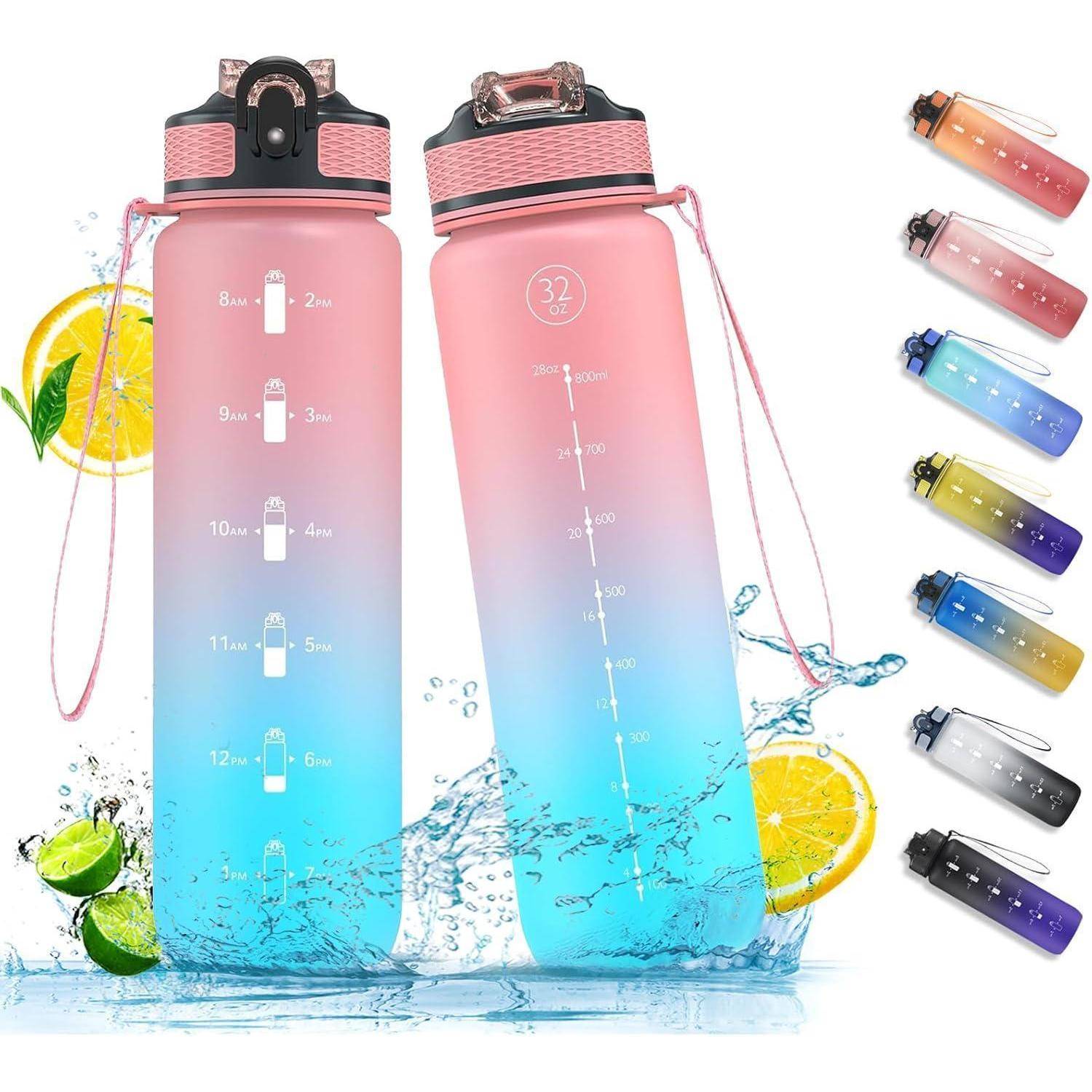 Sport-Wasserflasche 1L mit Strohhalm, Zeitmarkierungen, auslaufsicher