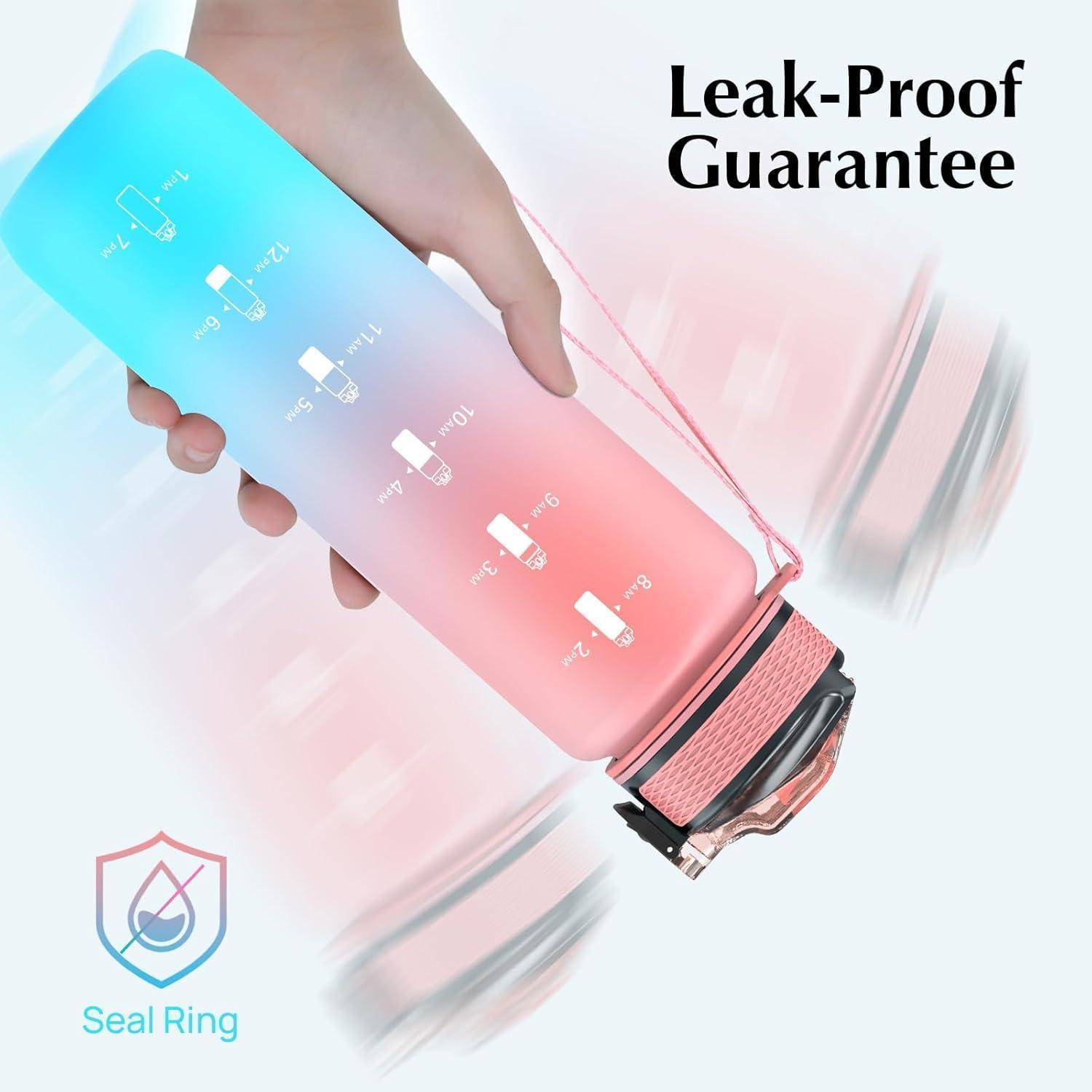 Sport-Wasserflasche 1L mit Strohhalm, Zeitmarkierungen, auslaufsicher