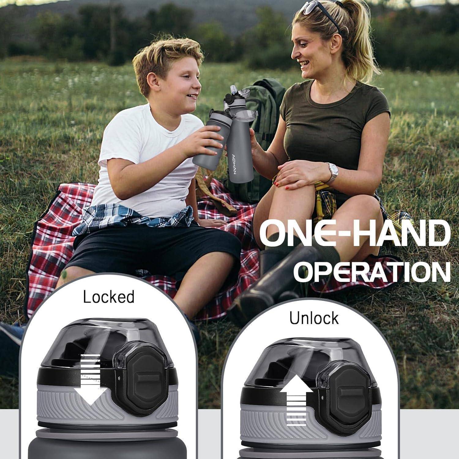 Trinkflasche 600ML auslaufsicher Klappdeckel BPA-frei Sport Stroh Grau