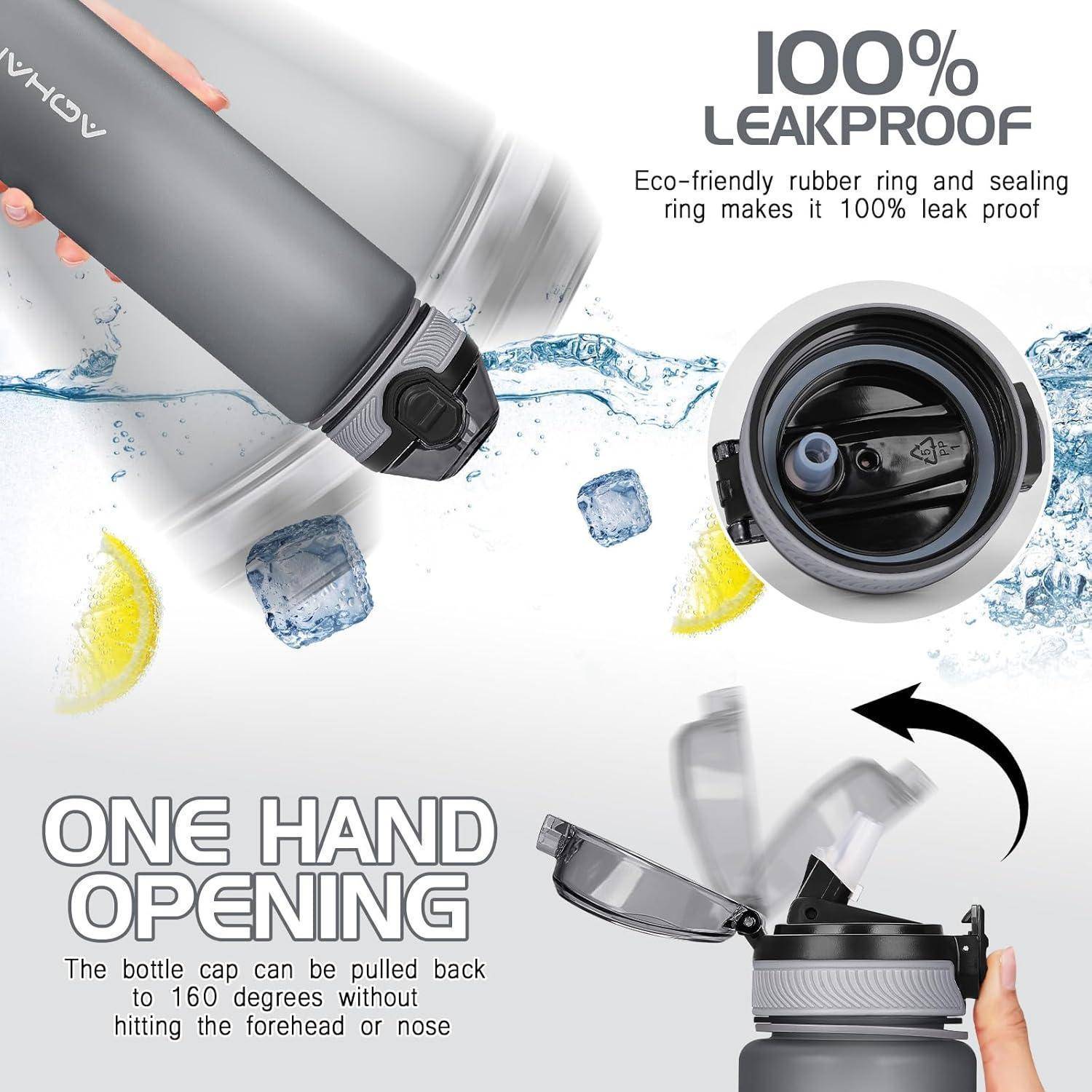 Trinkflasche 600ML auslaufsicher Klappdeckel BPA-frei Sport Stroh Grau