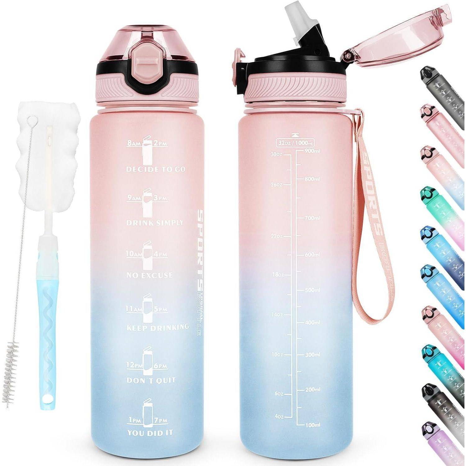 Zwei Wasserflaschen mit Farbverlauf in Blau und Rosa mit Zeitmarkierungen und motivierenden Sprüchen; inklusive Flaschenbürste und mehreren Deckelfarben.